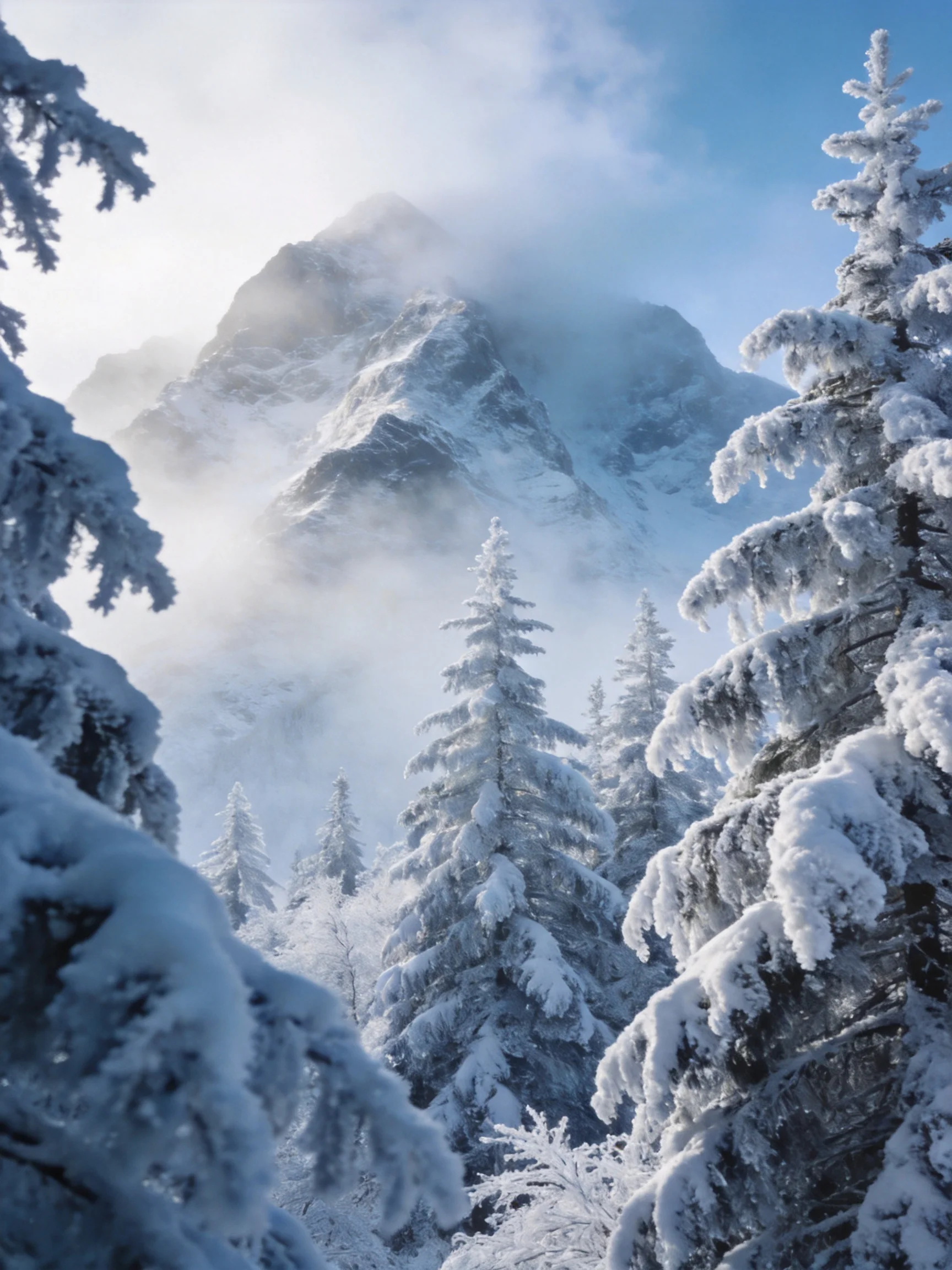 Snow-Covered Pine Forest with Misty Mountain Peak