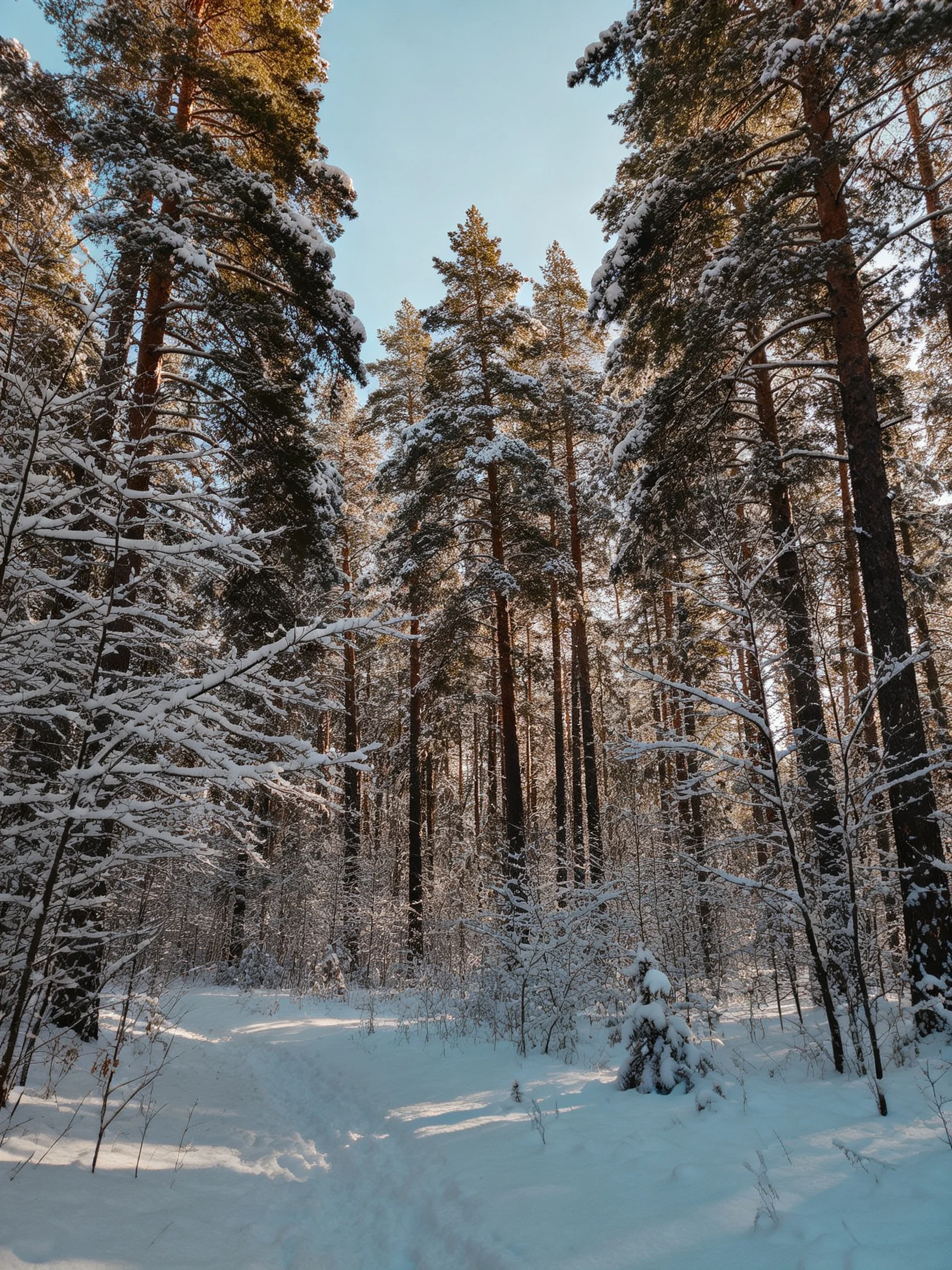 Snow-Covered Pine Forest with Tall Evergreen Trees Under Clear Blue Sky