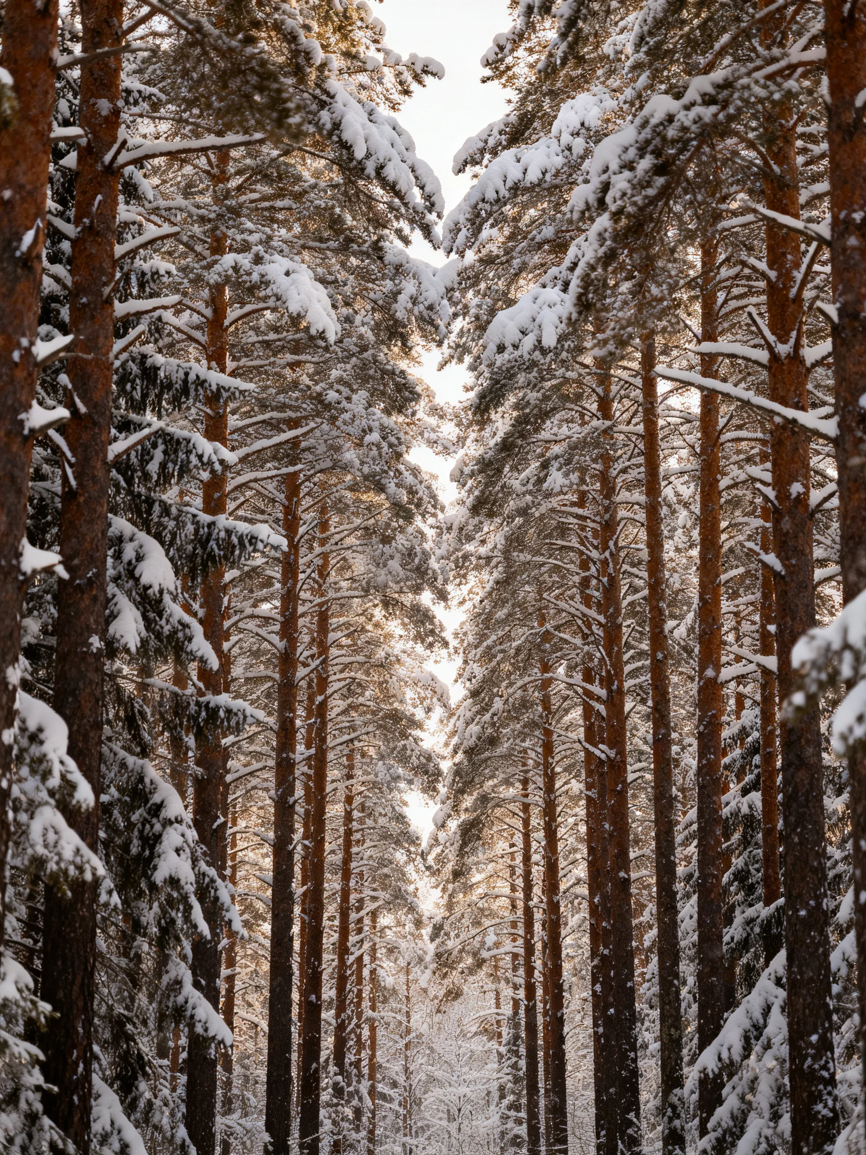 Snow-Covered Pine Forest with Tall Trunked Trees and Filtered Light