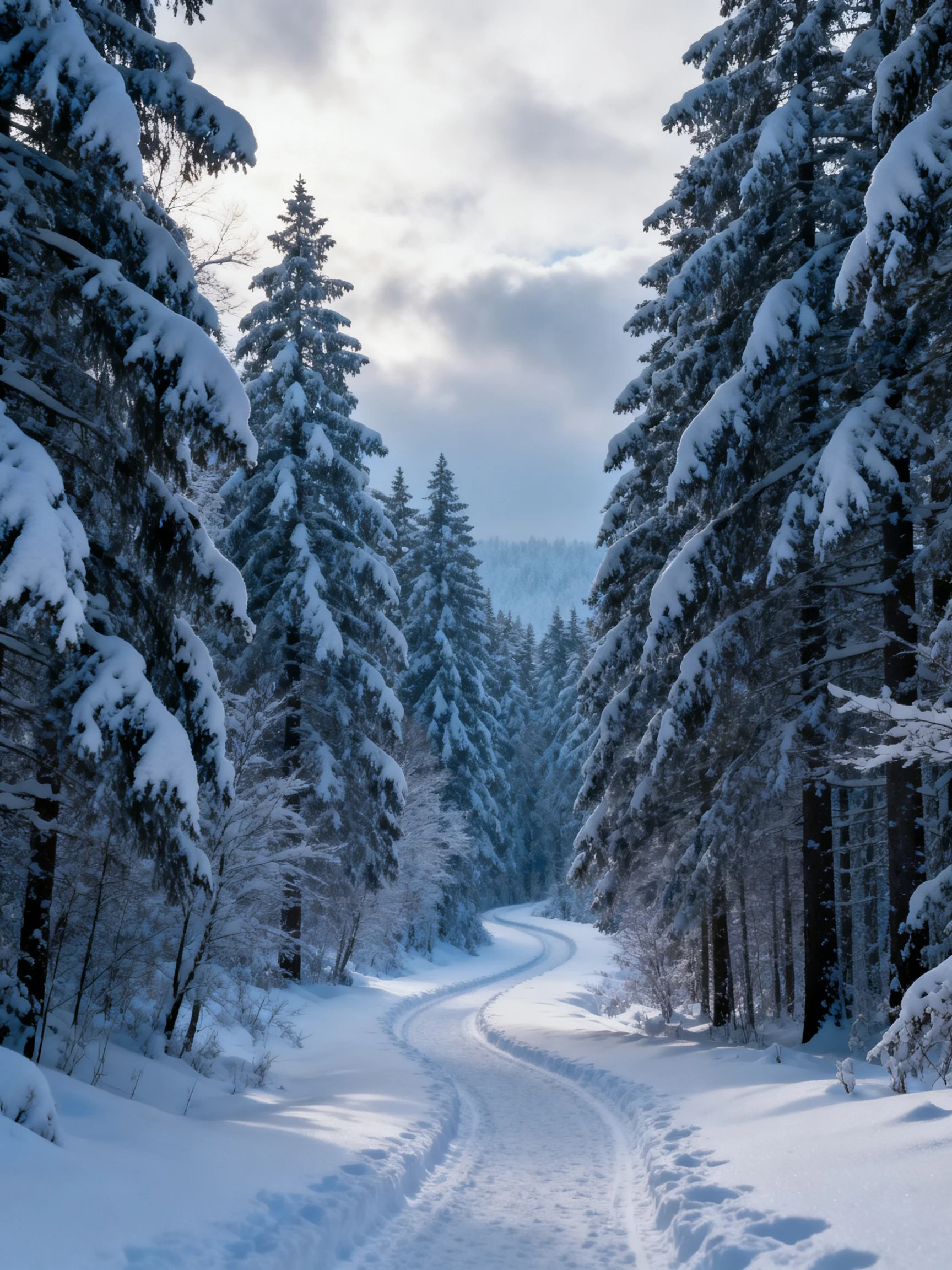 Snow-Covered Pine Forest with Winding Snowy Path