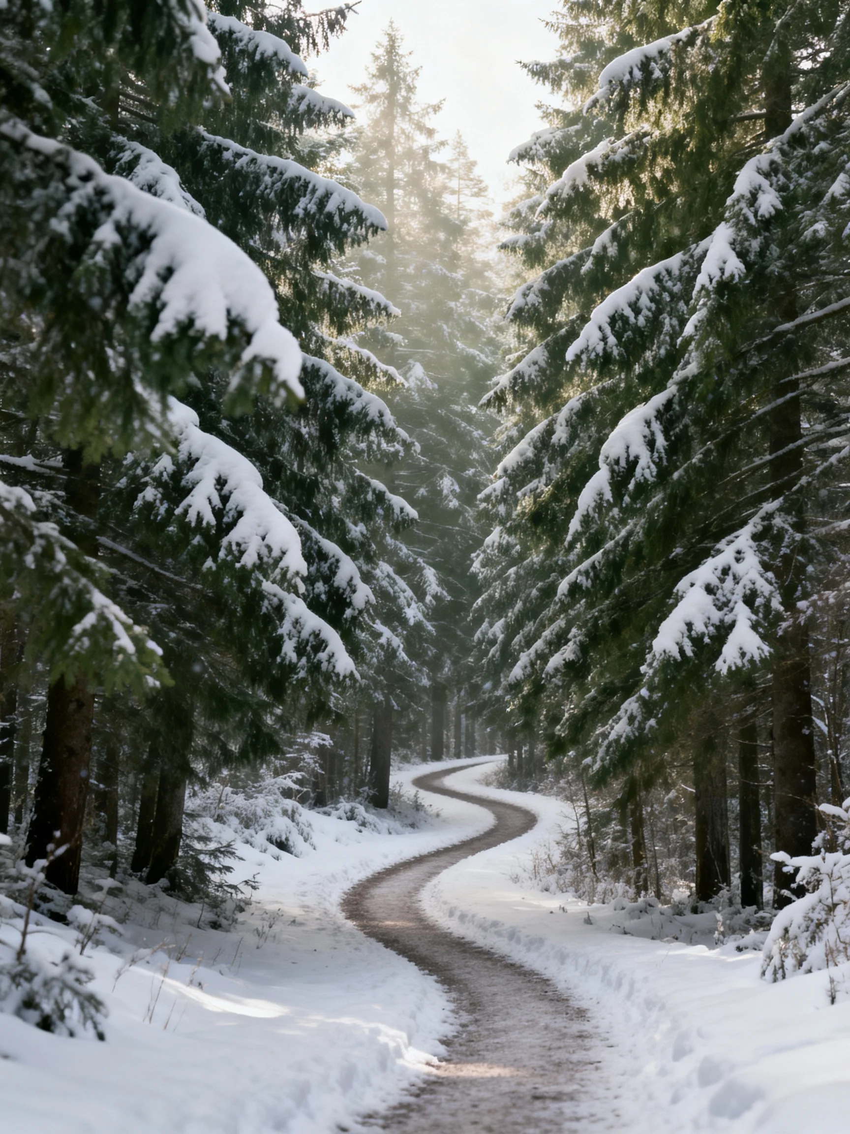 Snow-Covered Pine Forest with Winding Winter Pathway