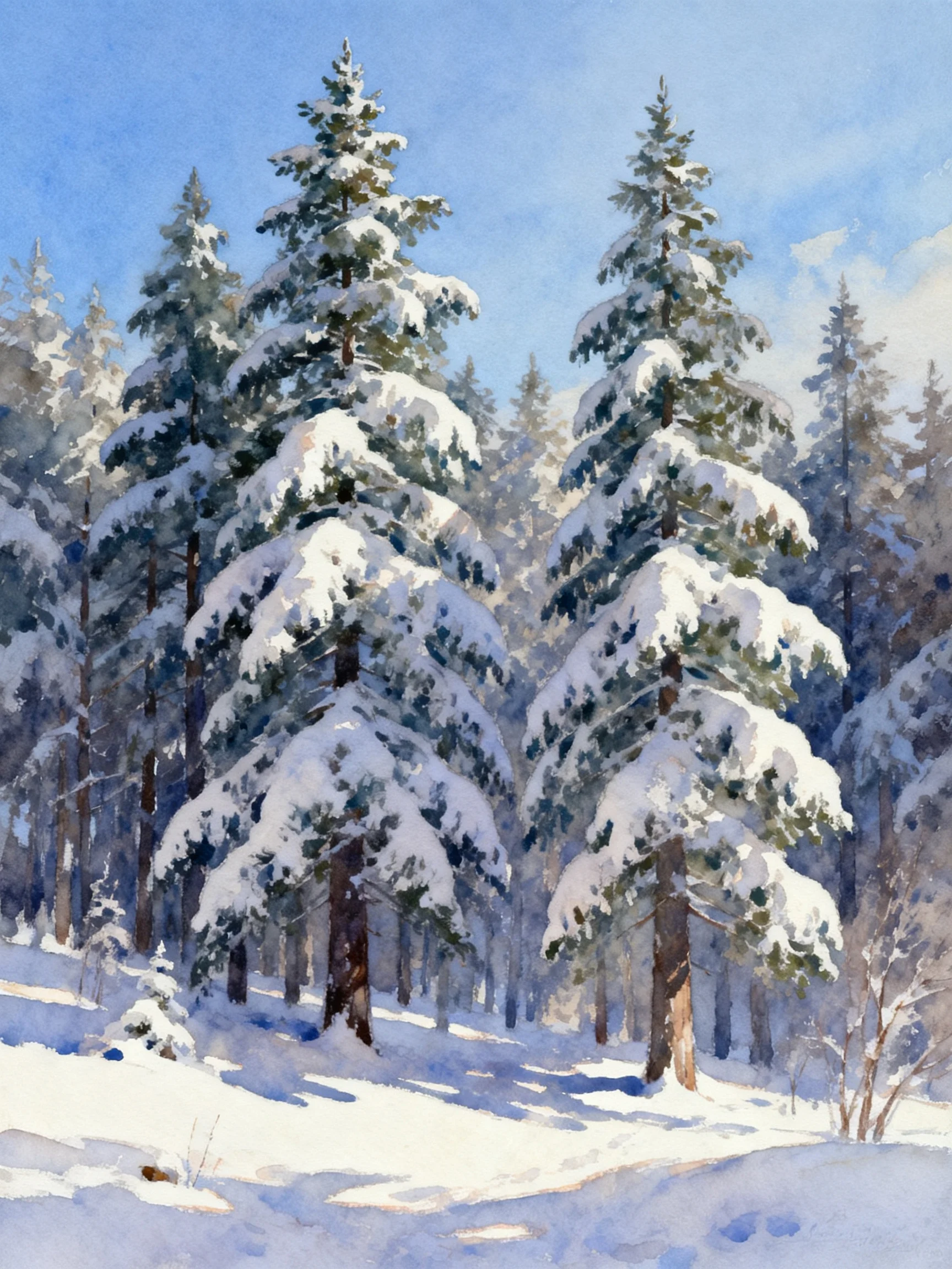 Snow-Covered Pine Grove in Bright Winter Light
