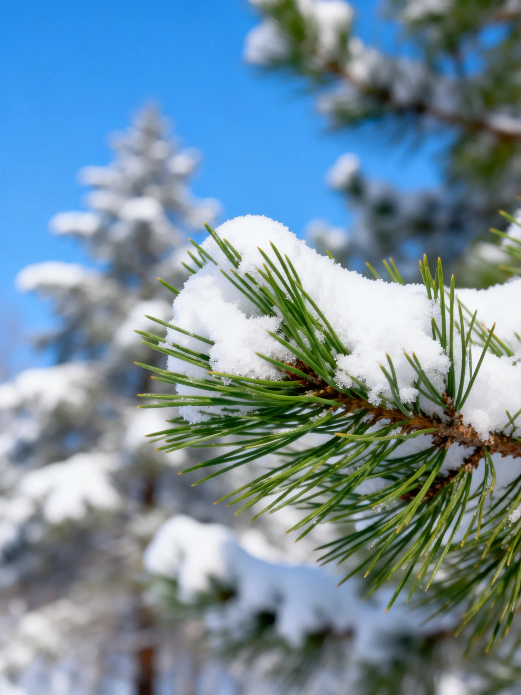 Snow-Covered Pine Needles with Bright Blue Winter Sky