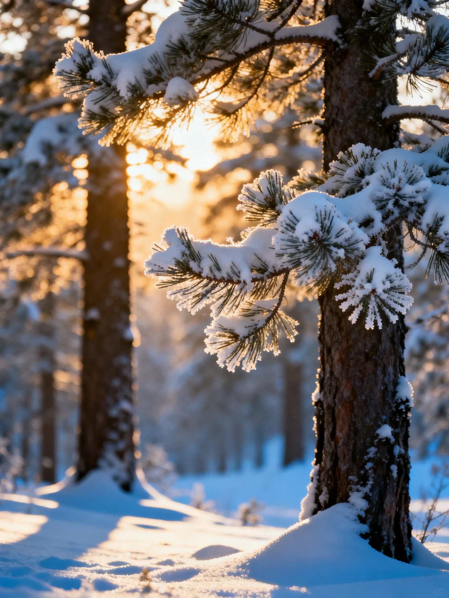 Snow-Covered Pine Trees Illuminated by Golden Sunset Light