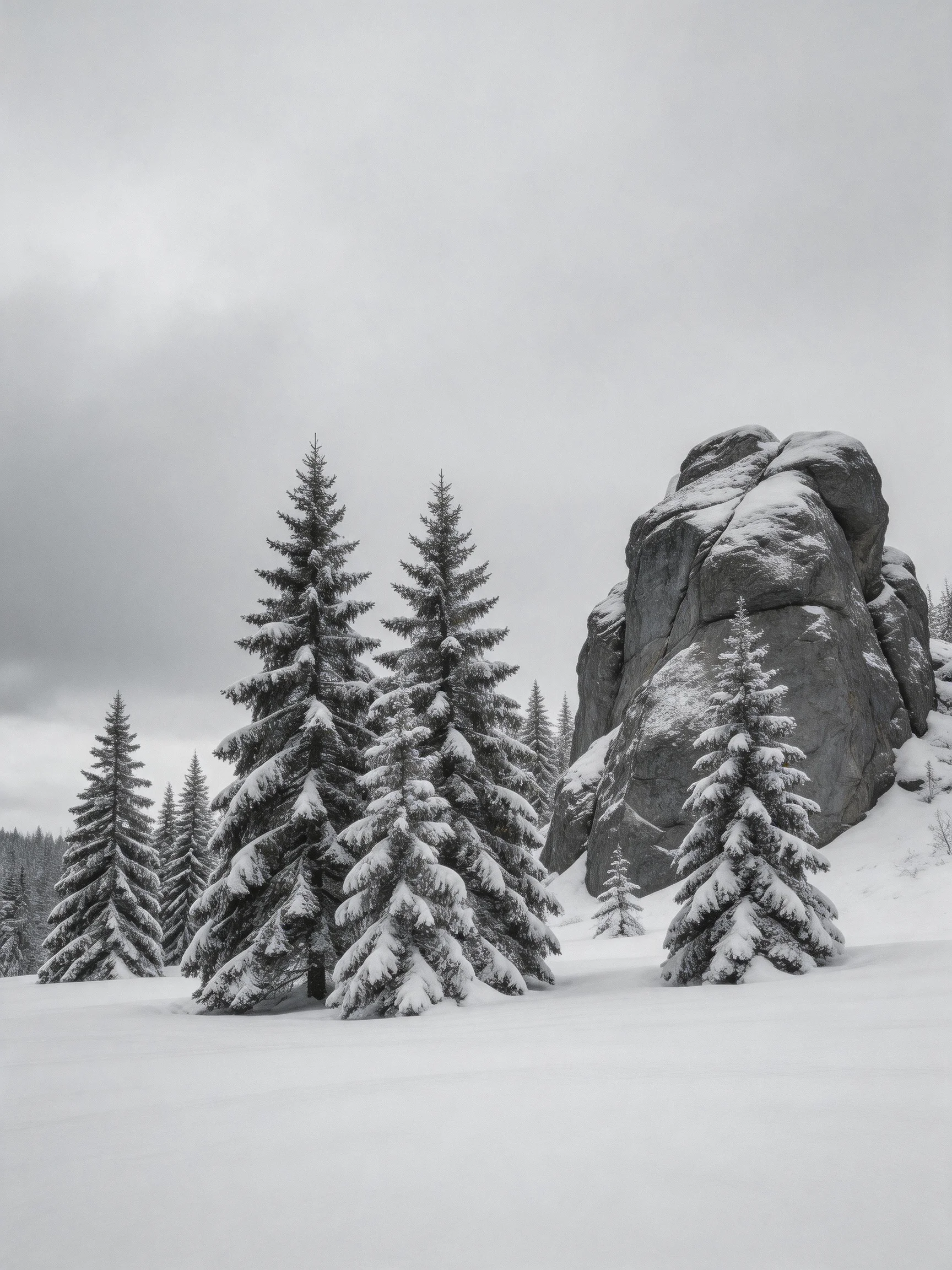 Snow-Covered Pine Trees Near a Large Rock Formation Under Overcast Sky