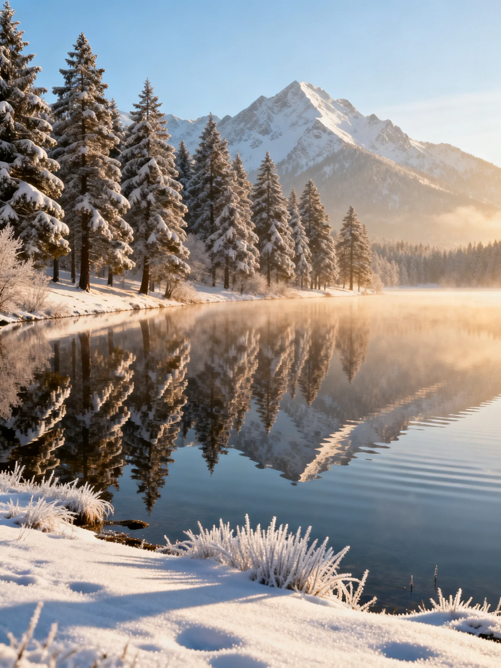 Snow-Covered Pine Trees Reflecting in a Misty Winter Lake Near Snow-Capped Mountains
