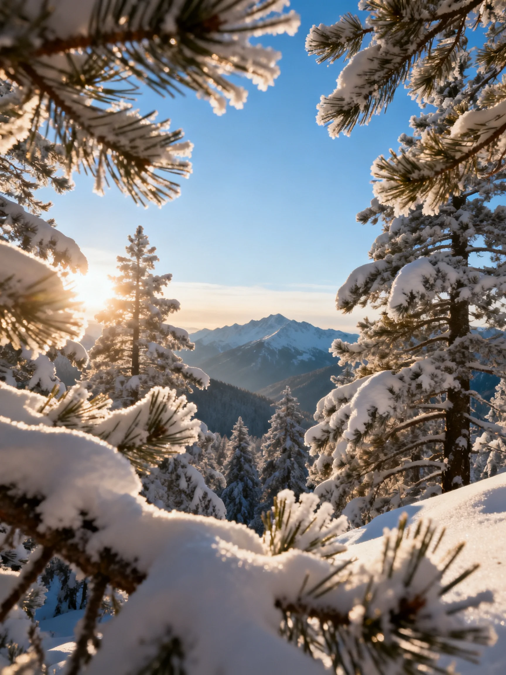 Snow-Covered Pine Trees and Distant Mountain Peaks Under Bright Sunlight