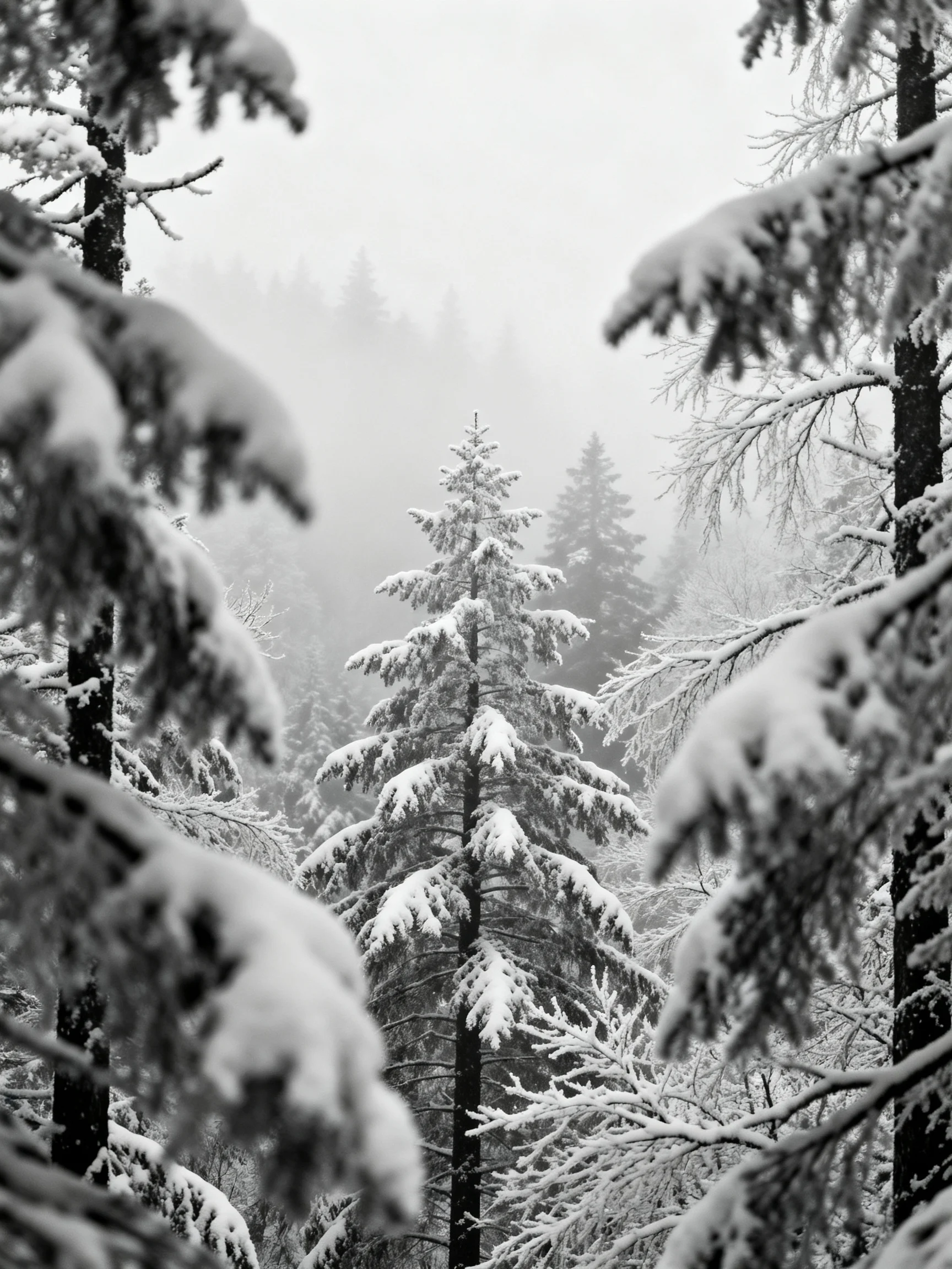 Snow-Covered Pine Trees in a Foggy Winter Forest