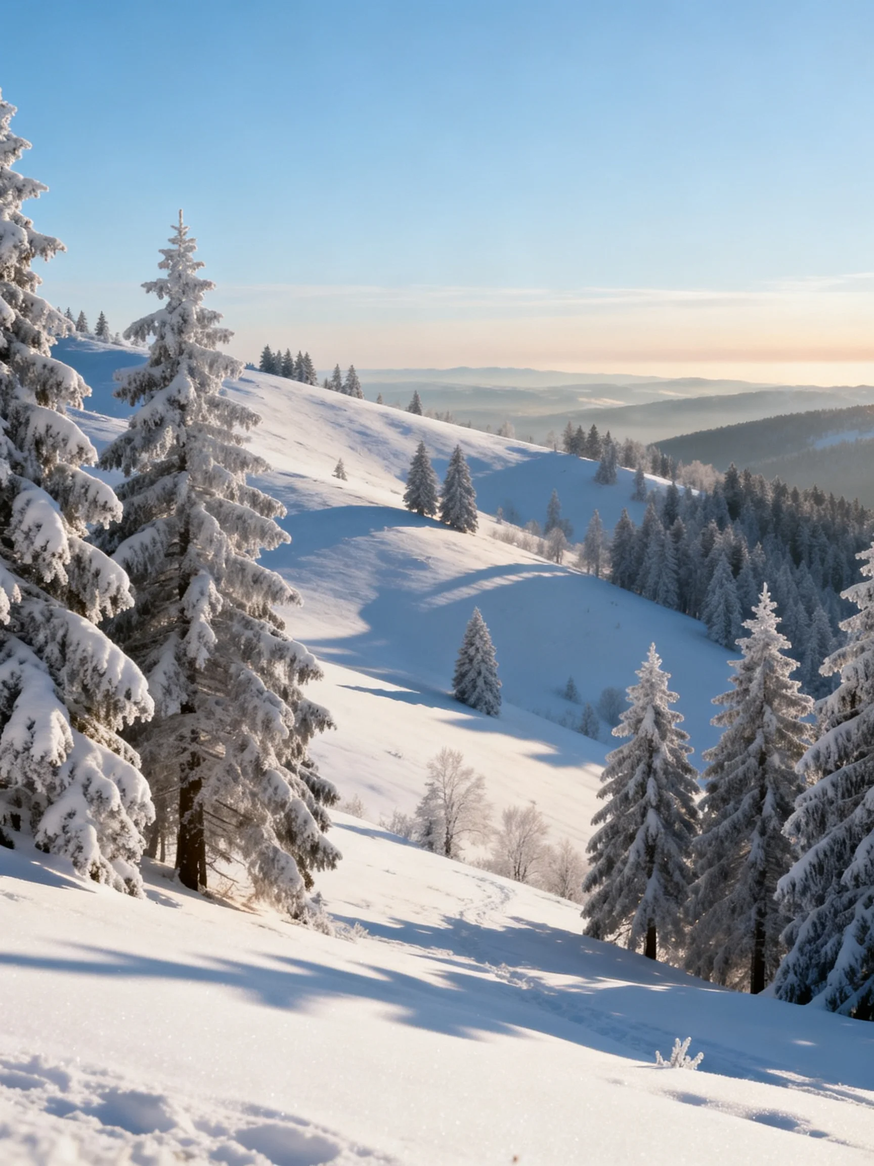 Snow-Covered Pine Trees on Rolling Hills Under Clear BlueSky