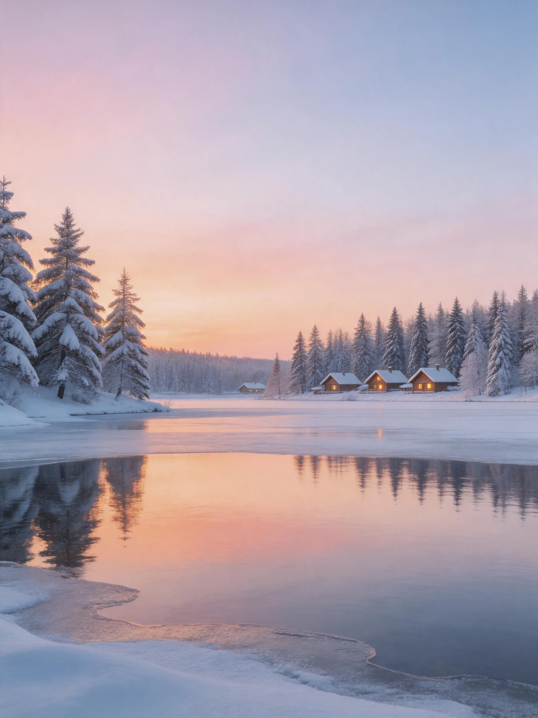 Snow-Covered Pines, Lit Cabins, and Reflective Frozen Lake