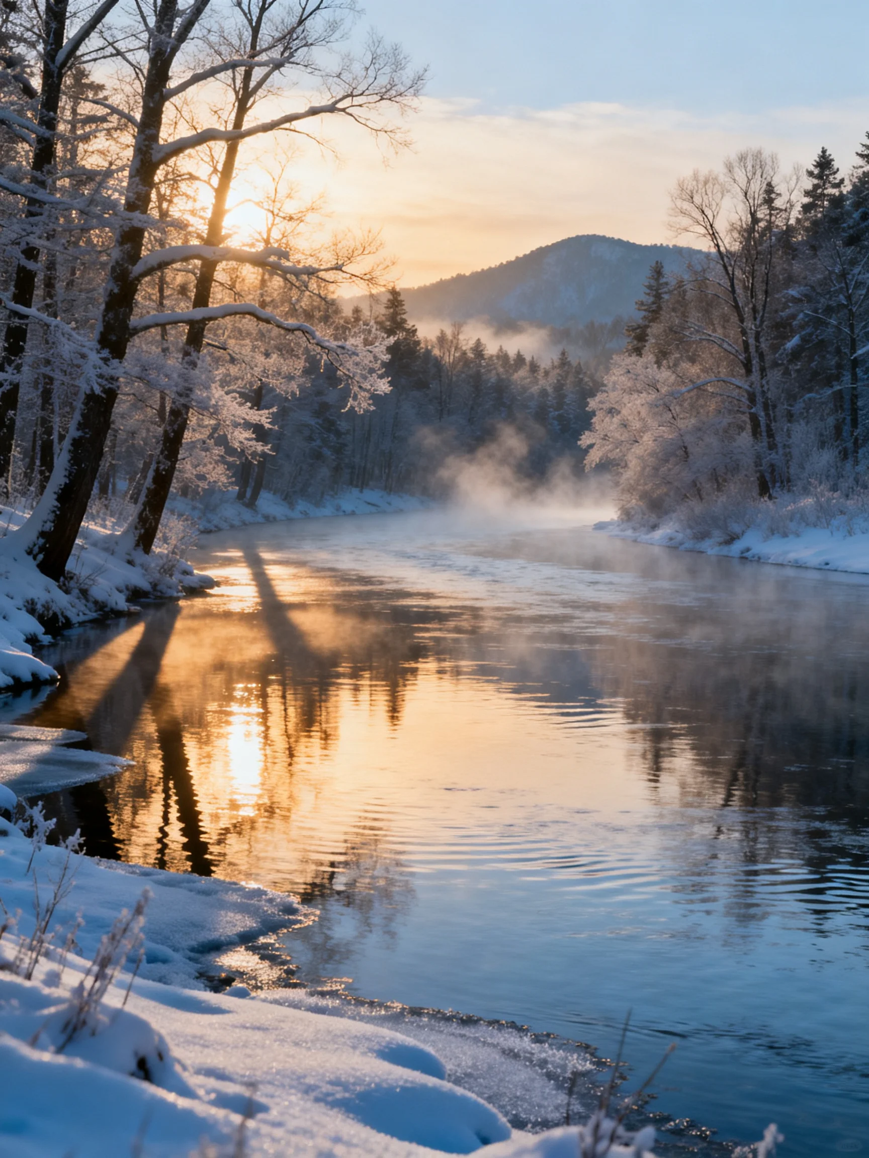 Snow-Covered River Reflects Golden Sunrise Amid Frosty Trees