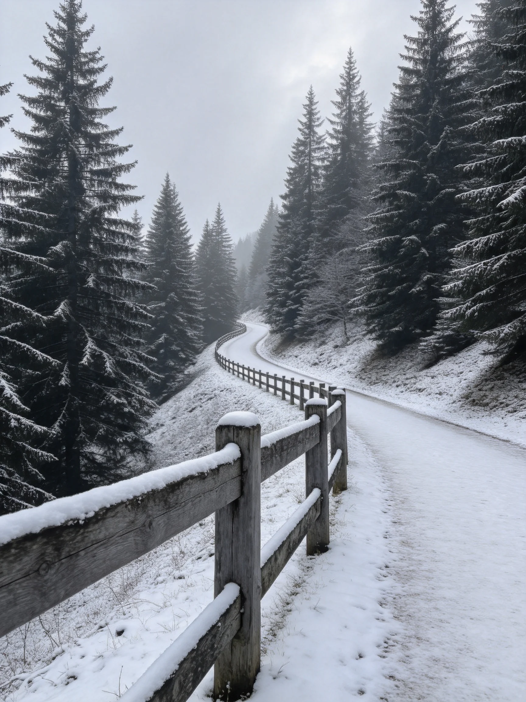 Snow-Covered Road Through Pine Forest With Wooden Fence