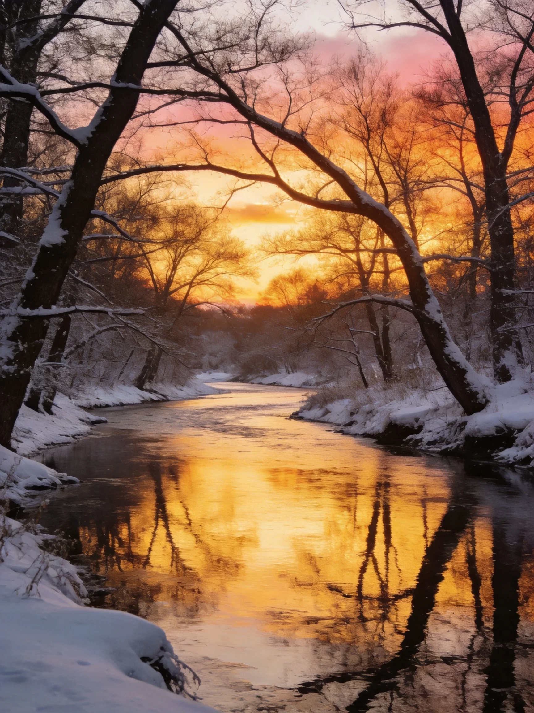Snow-Covered Trees Frame a River Under a Golden Sunset