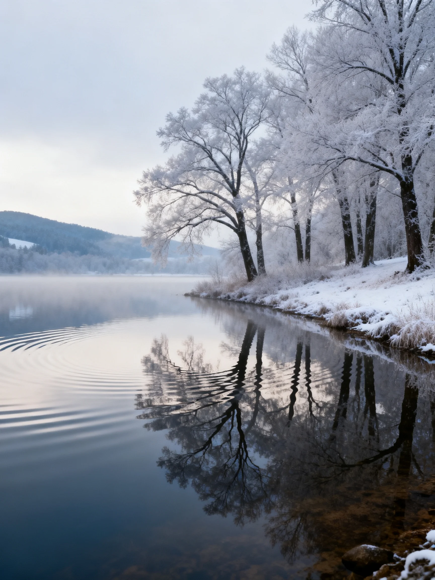 Snow-Covered Trees Reflect on a Peaceful Winter Lake