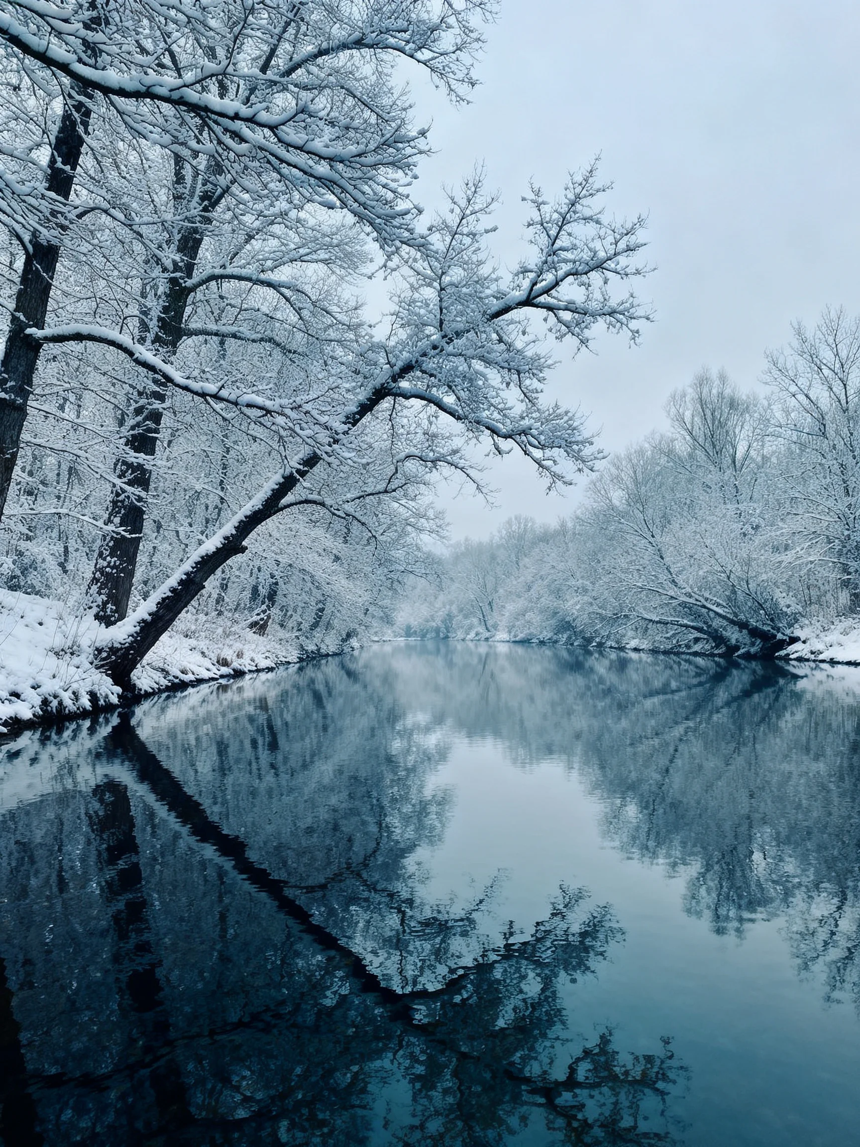 Snow-Covered Trees Reflecting in a Calm Winter River