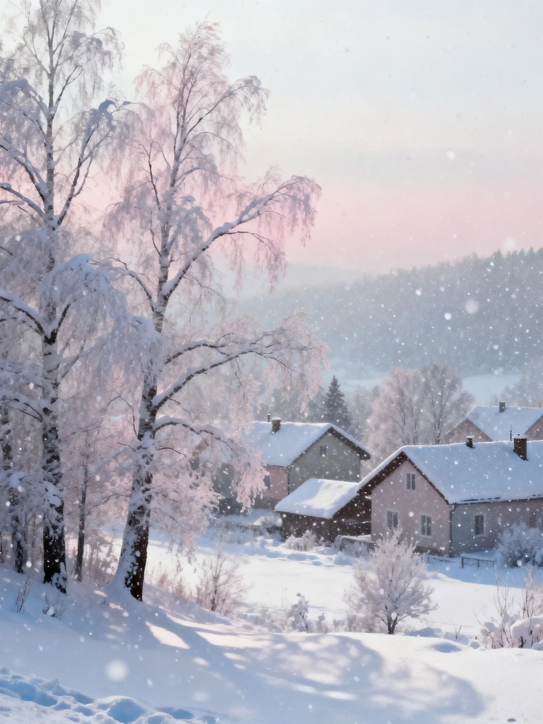 Snow-Covered Trees and Homes in a Serene Winter Village