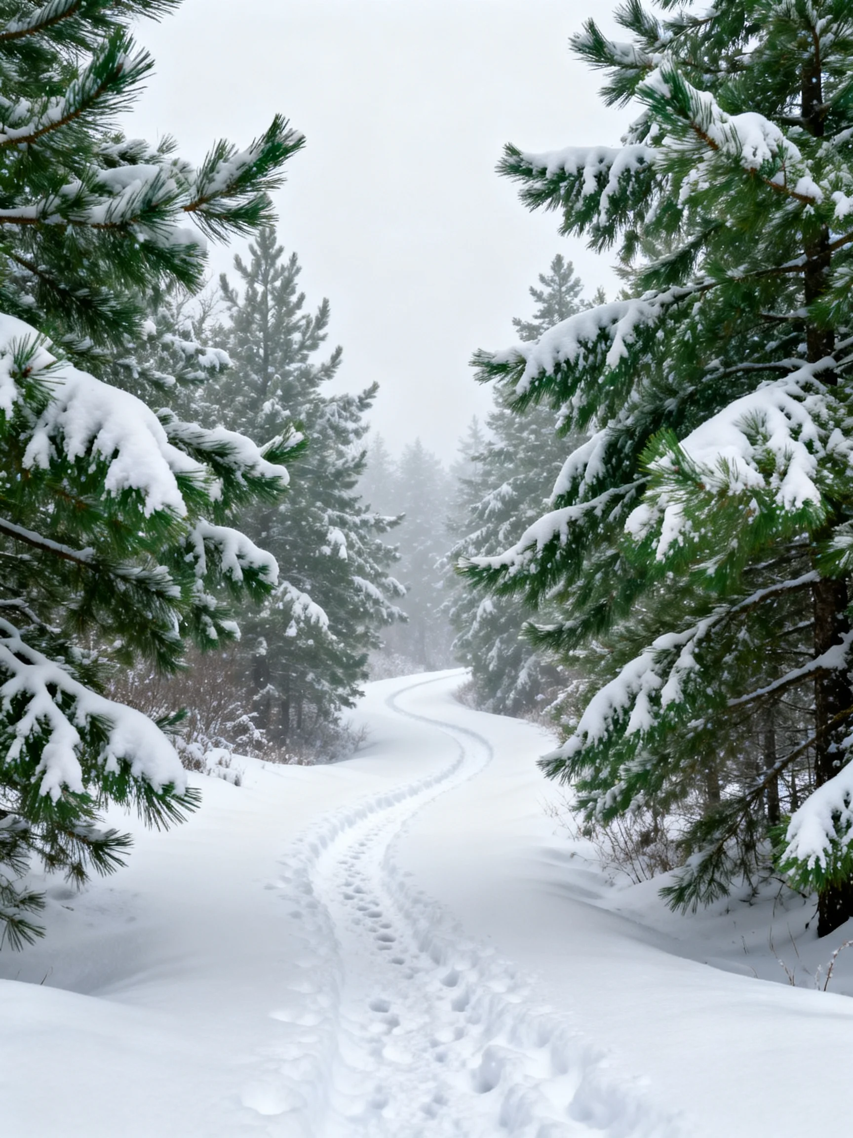 Snow-Covered Winding Path Between Dense Evergreen Trees