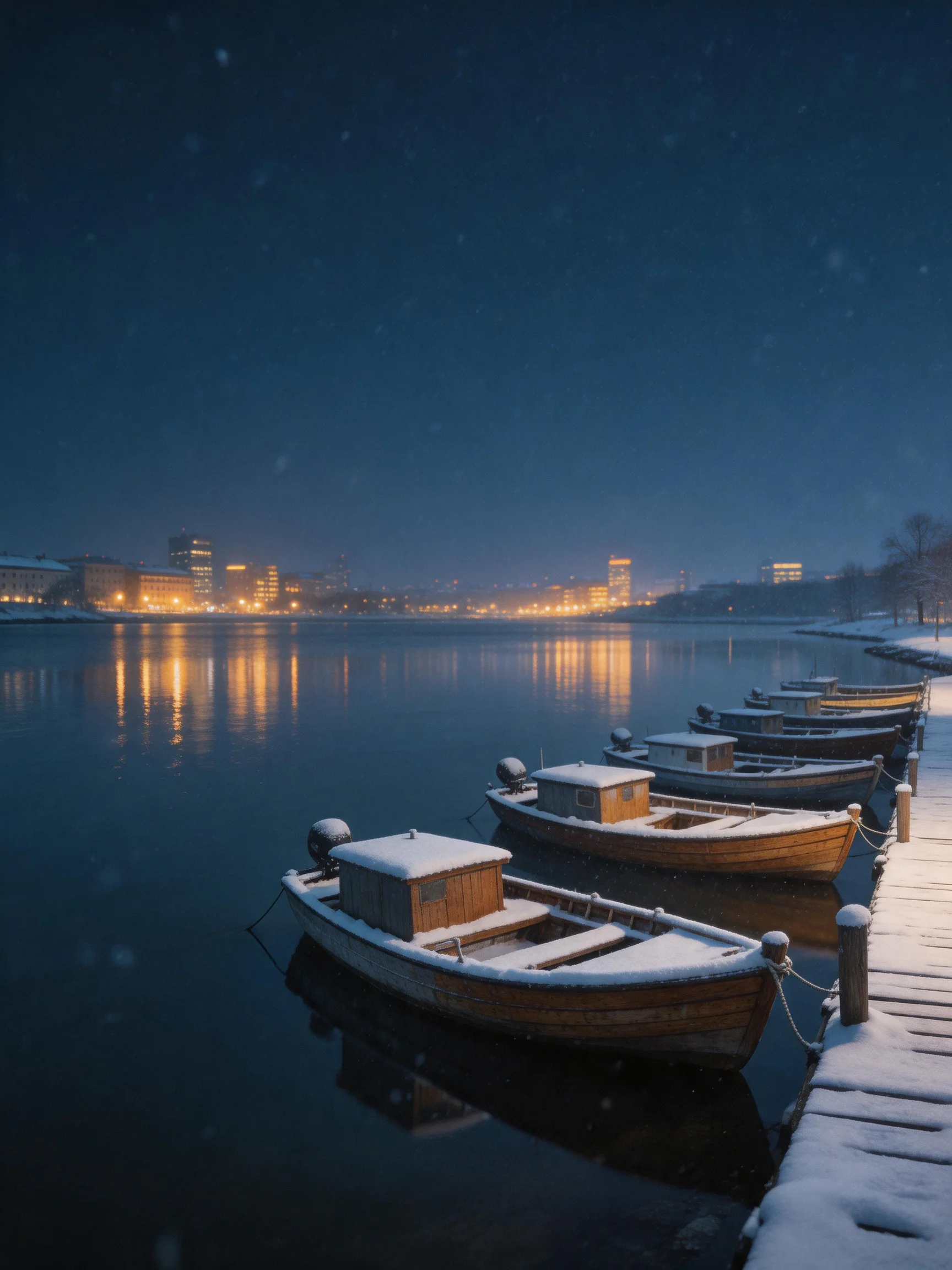Snow-Covered Wooden Boats Docked Along a City-Lit Winter Waterfront