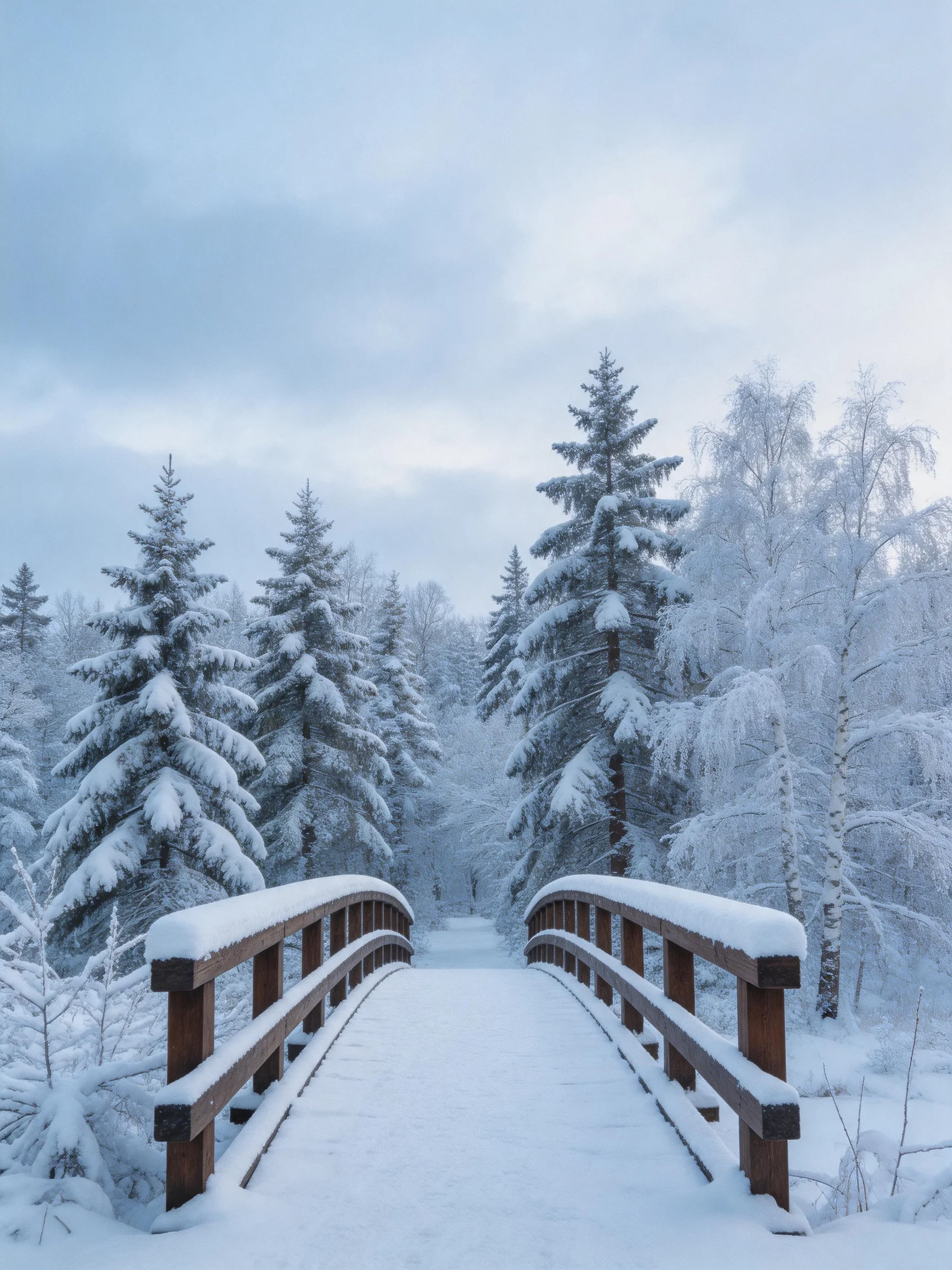 Snow-Covered Wooden Bridge Among Frosty Evergreens