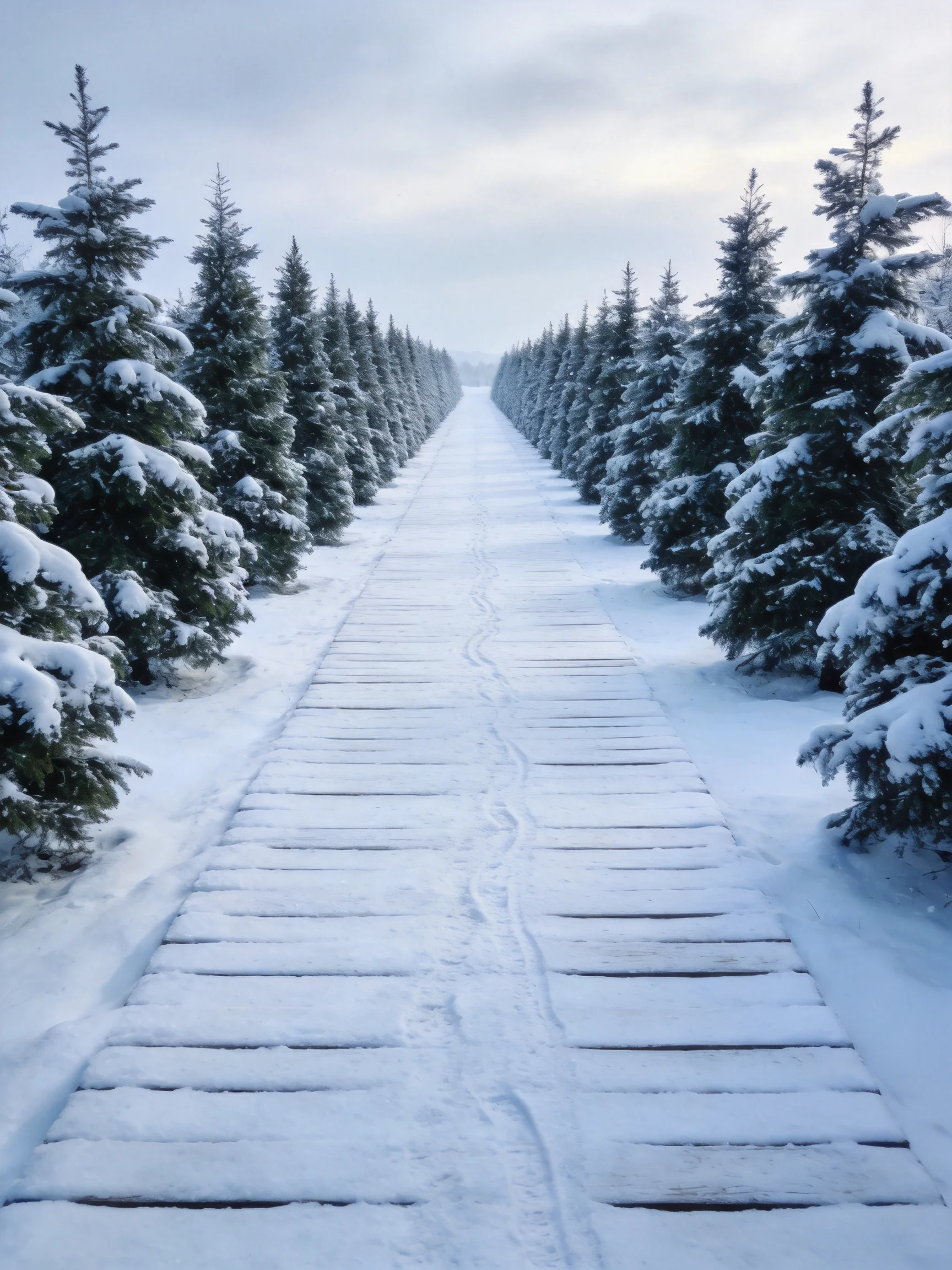Snow-Covered Wooden Path Between Rows of Snow-Laden Evergreen Trees