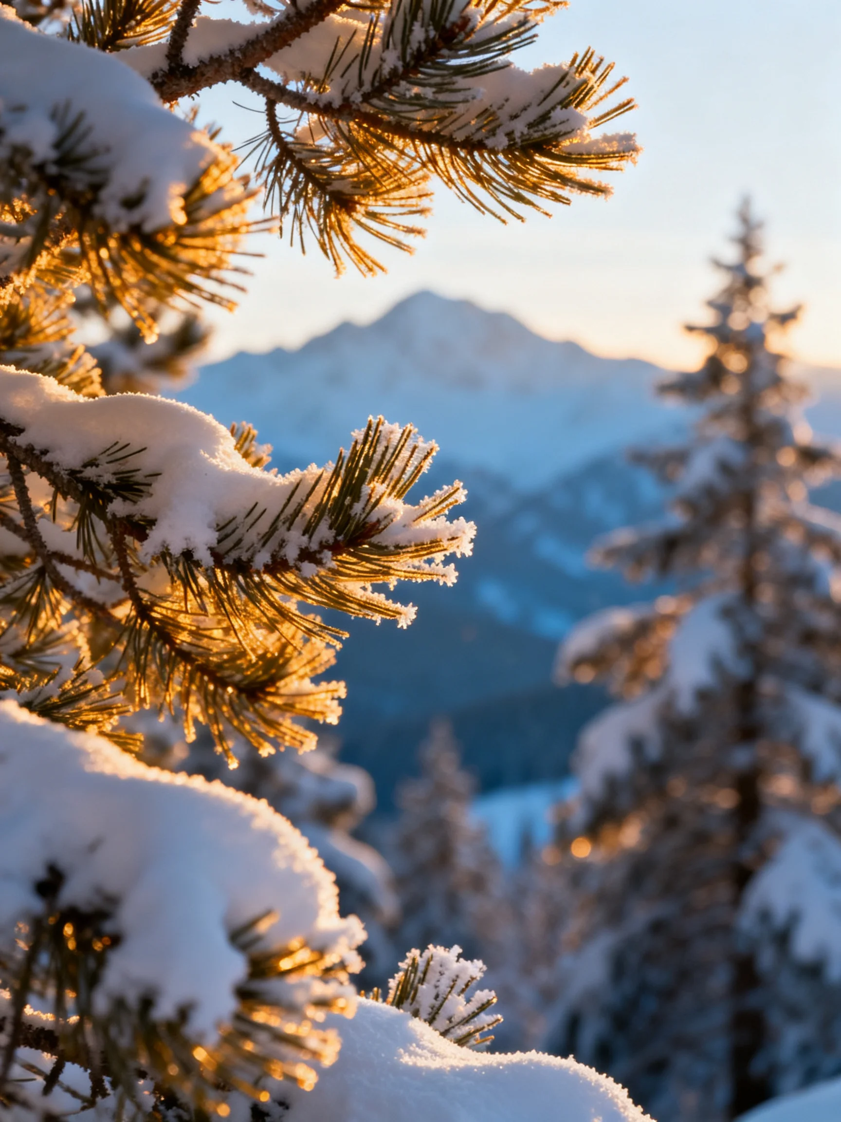 Snow-Draped Pine Branches with Golden Light and Mountain View
