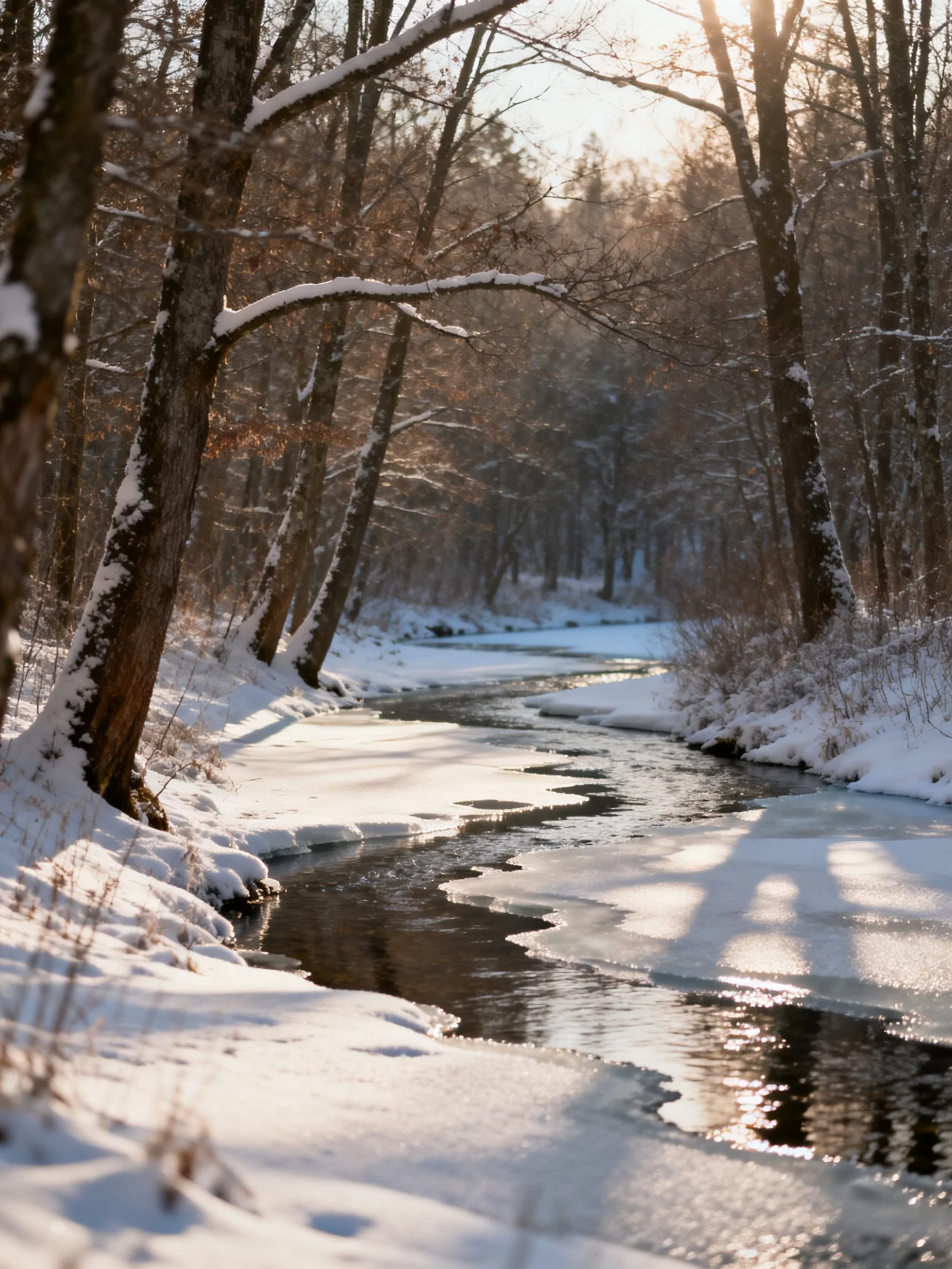 Snow-Dusted Forest Stream With Sunlight Streaming Through Trees