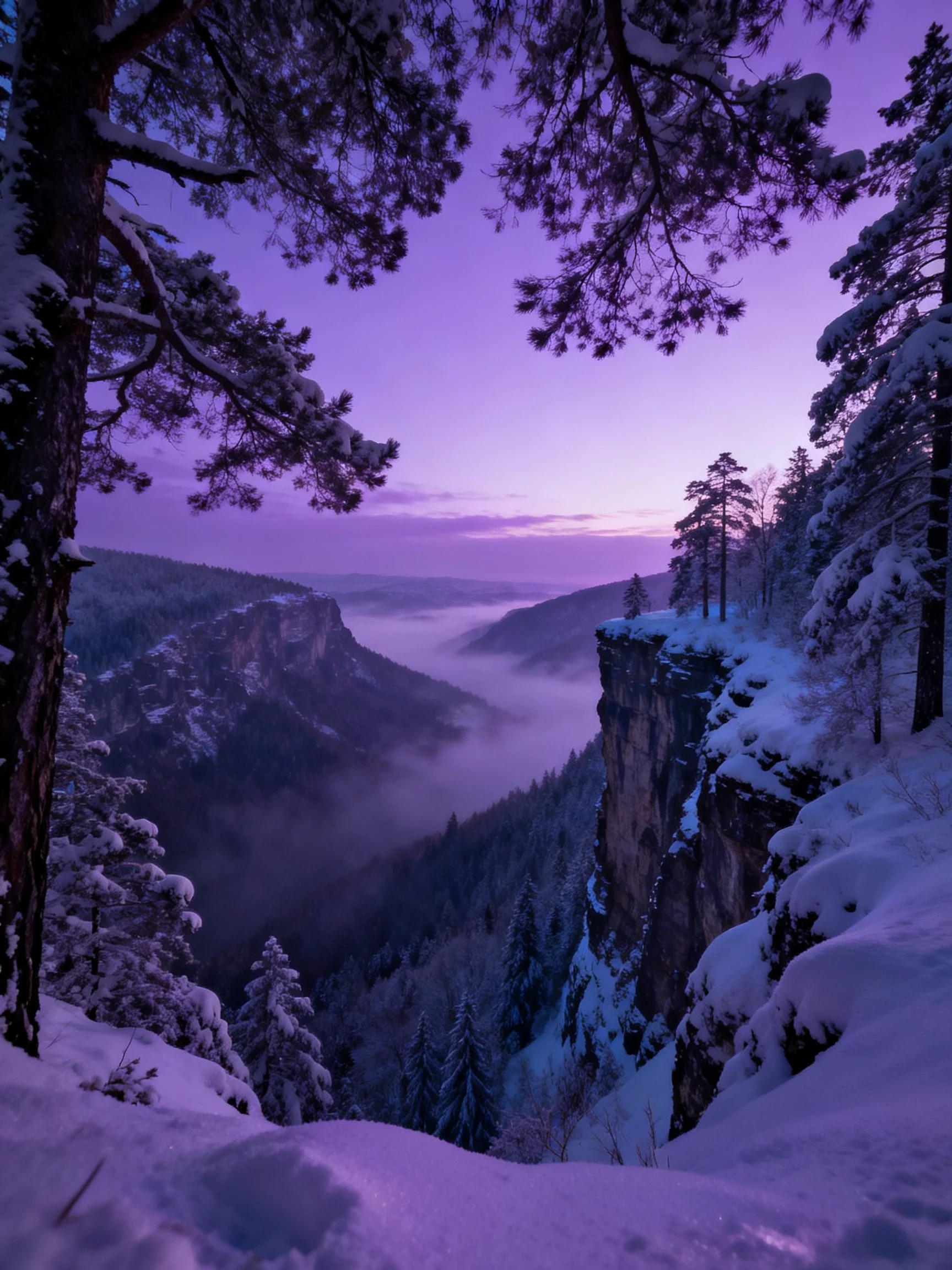 Snow-Laden Cliffside Overlooks Purple-Tinted Forest Valley