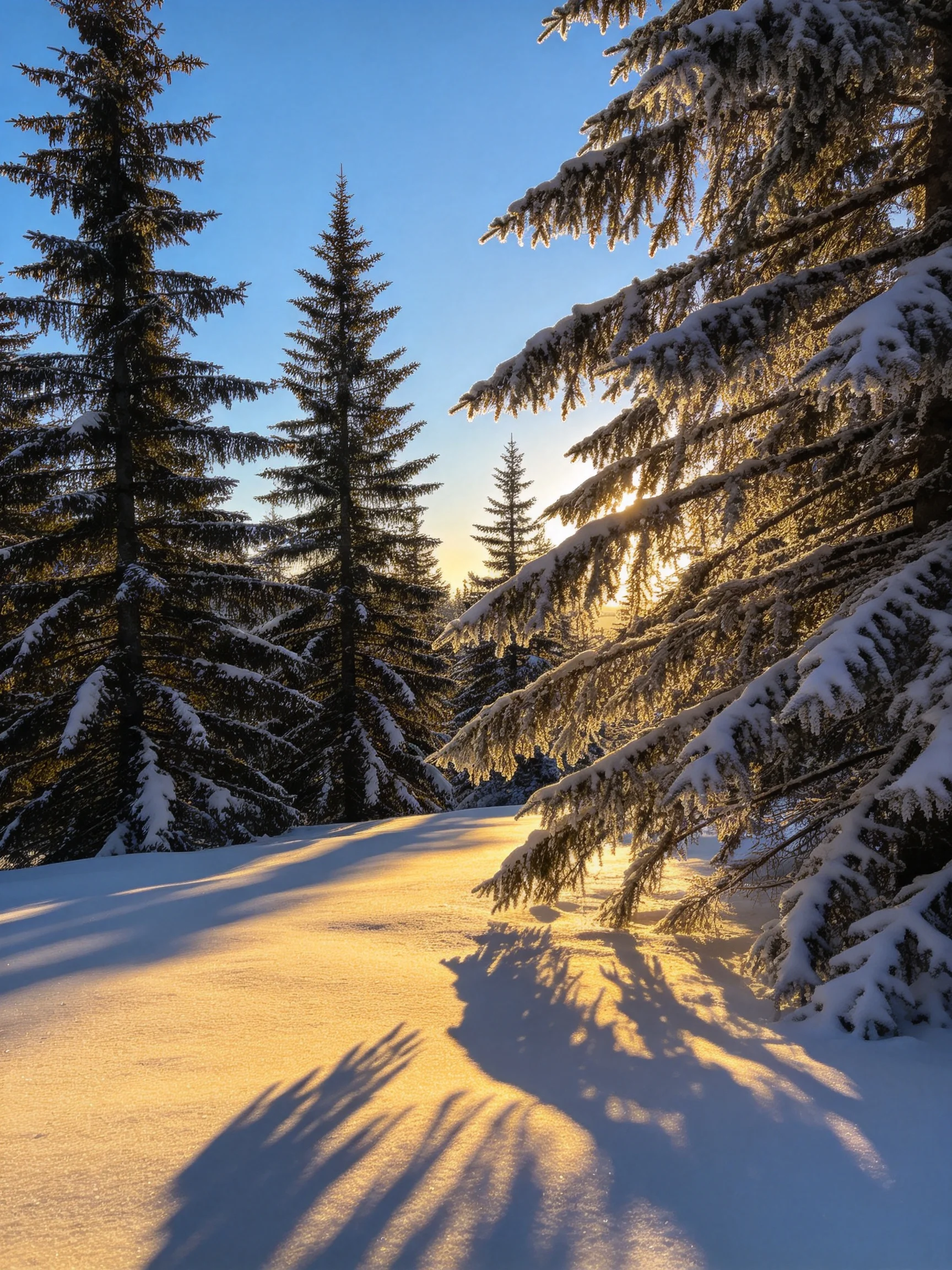 Snow-Laden Evergreen Forest Illuminated by Golden Sunset