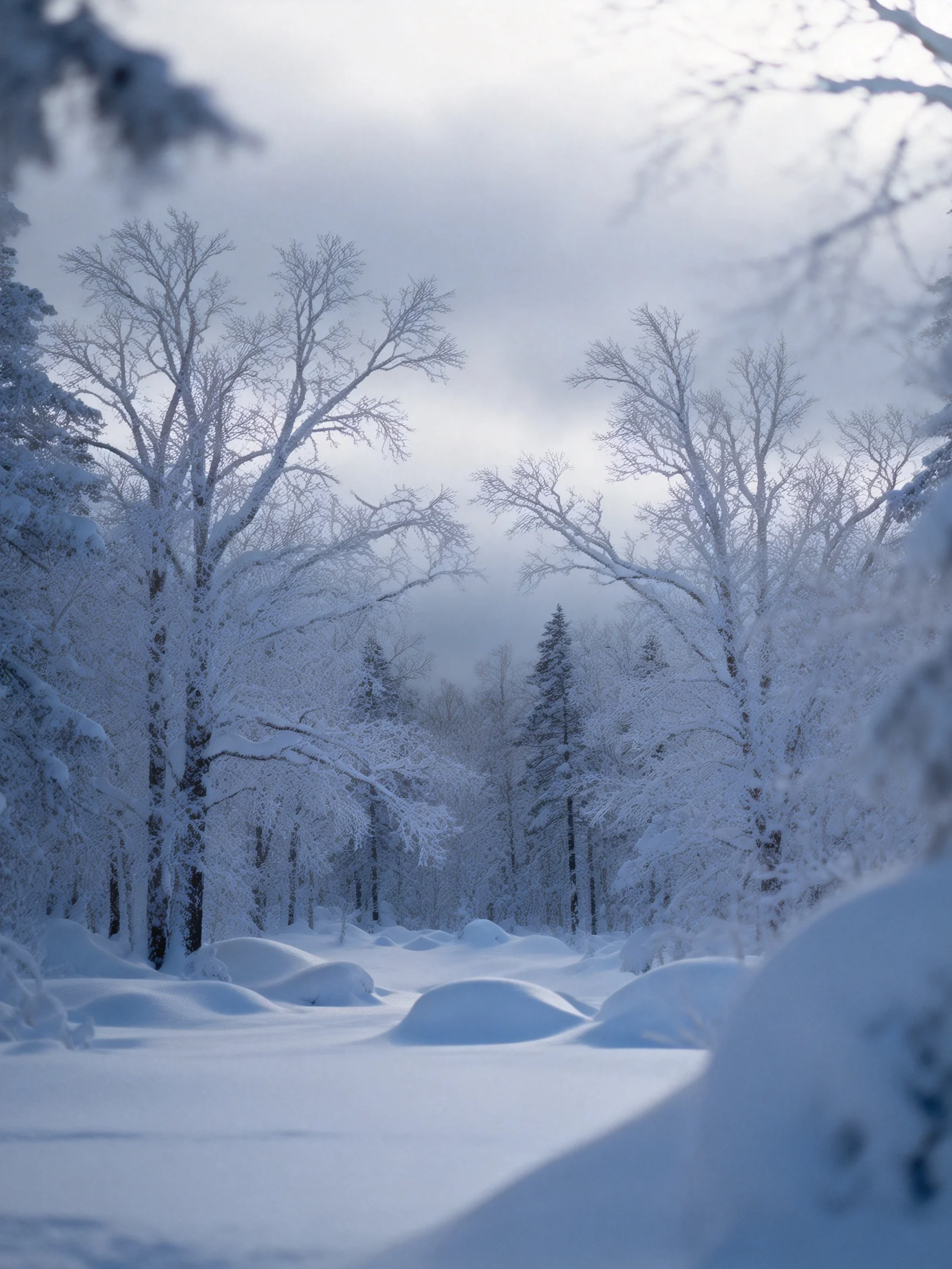 Snow-Laden Forest with Bare Trees and Snow Drifts