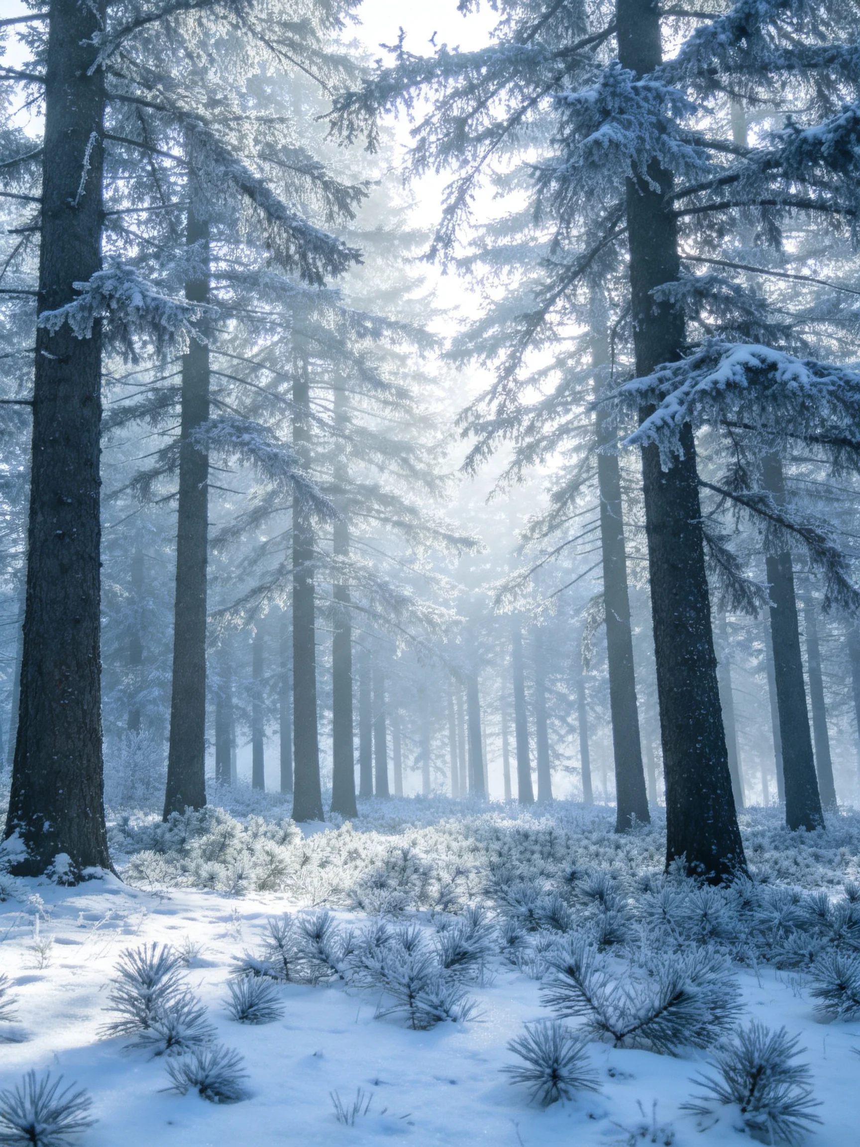 Snow-Laden Pine Forest with Misty Winter Light