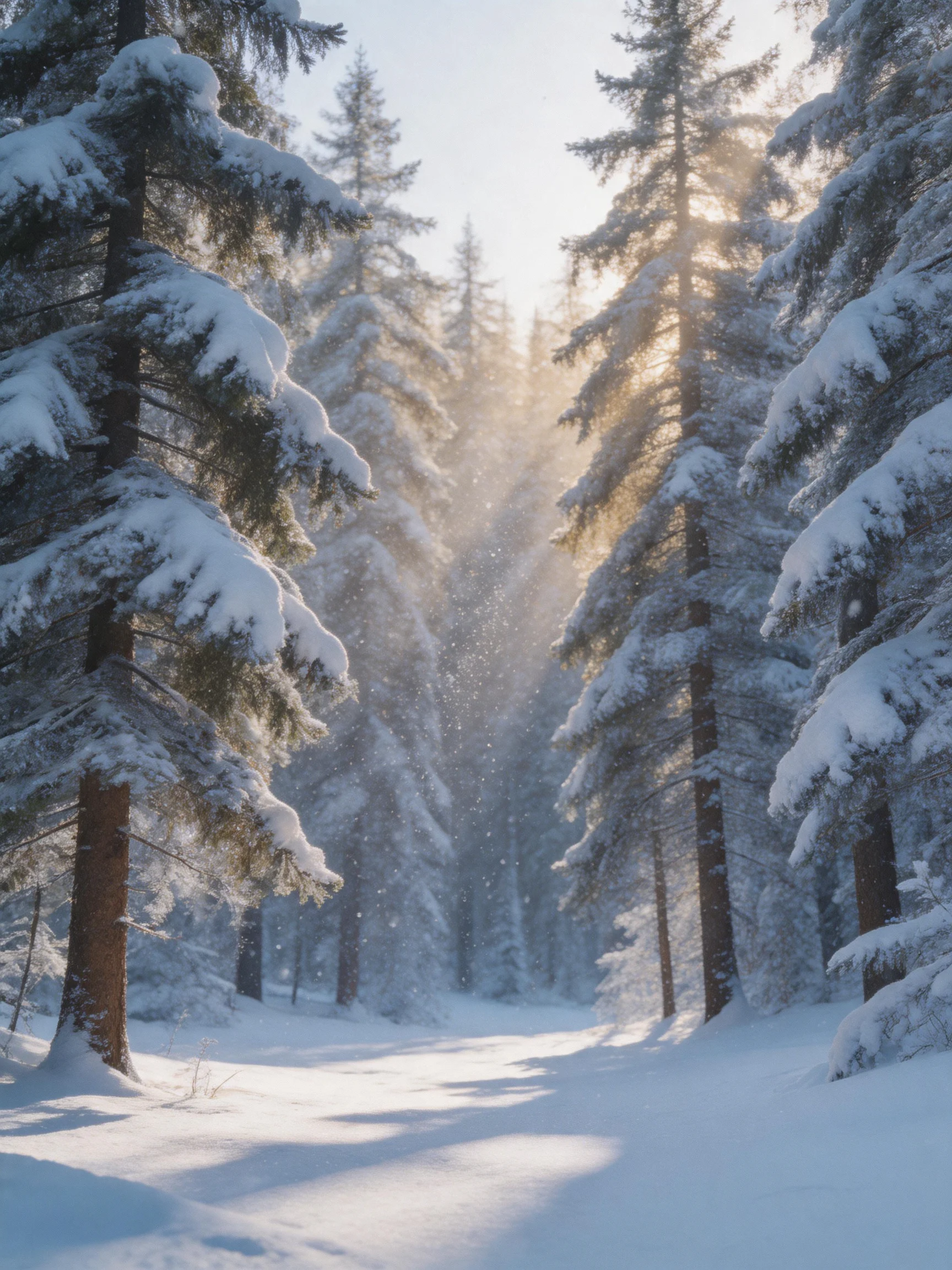 Snow-Laden Pine Trees and Sunbeams in a Winter Forest