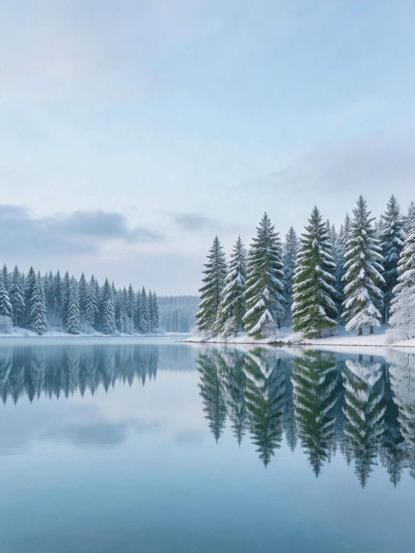 Snow-Laden Pines Reflect in a Tranquil Winter Lake