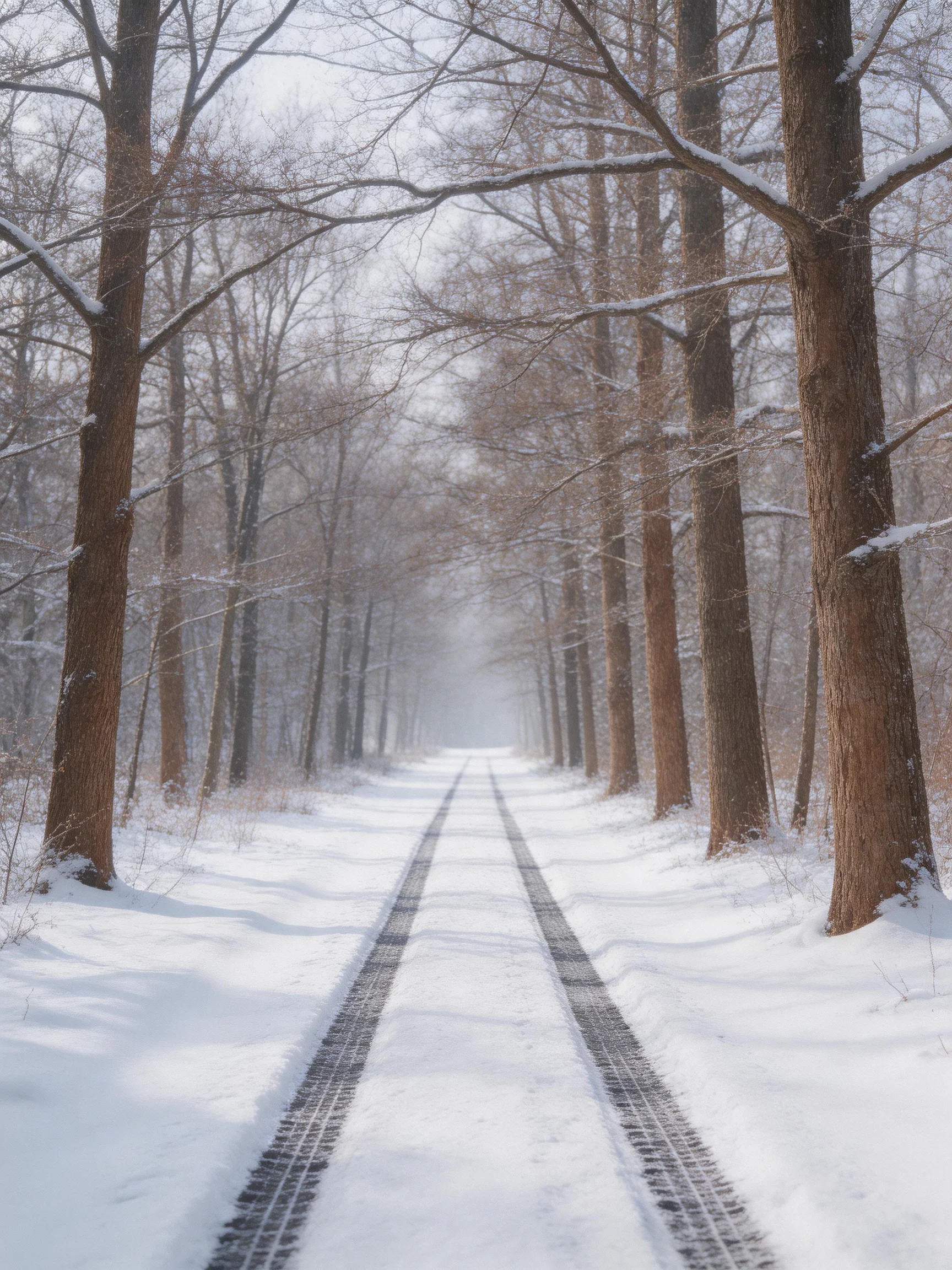 Snow-Lined Path Through Row Of Tall Brown Trees With Tire Tracks