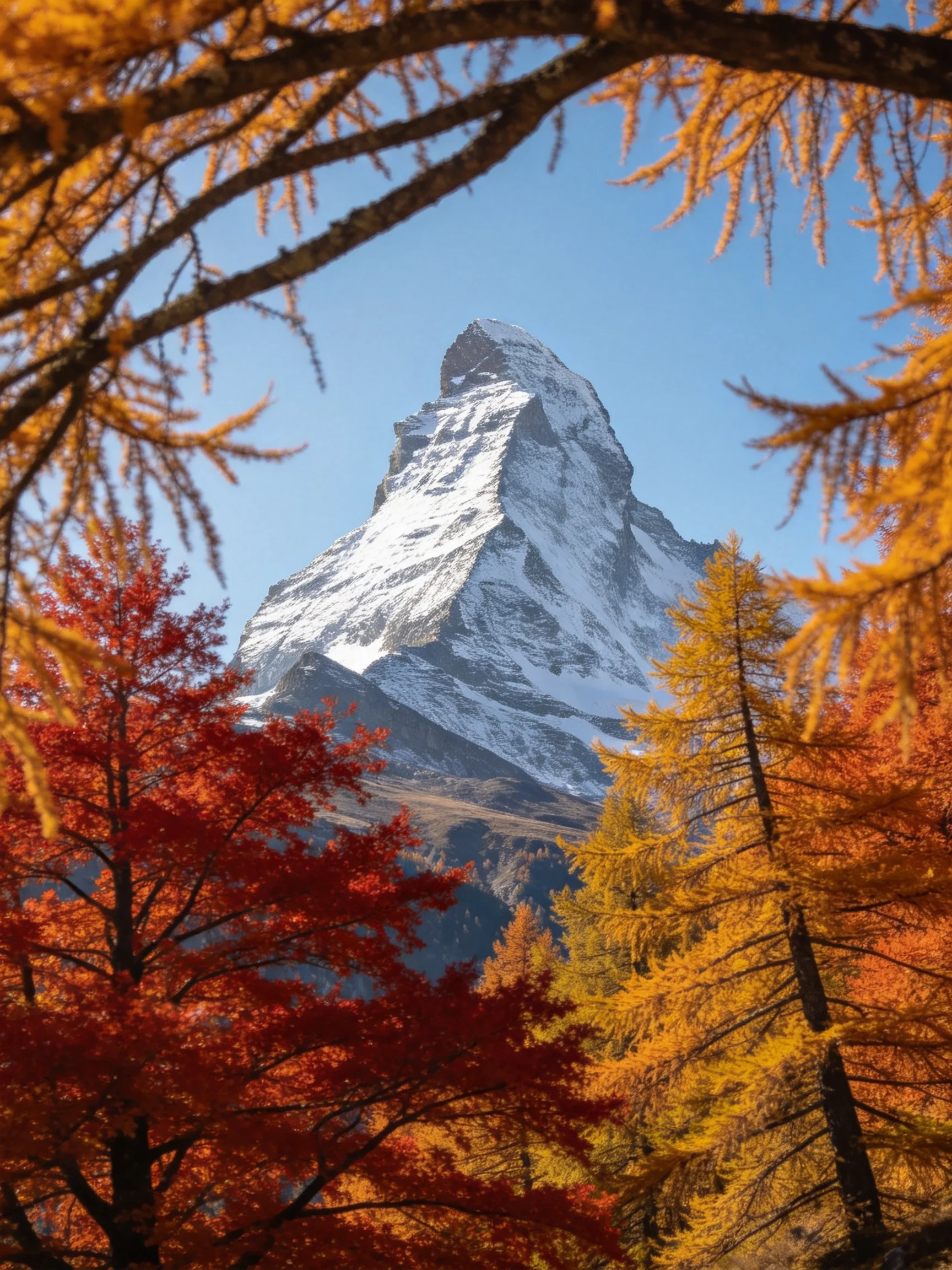 Snow-capped Matterhorn peak surrounded by vibrant red and golden autumn trees