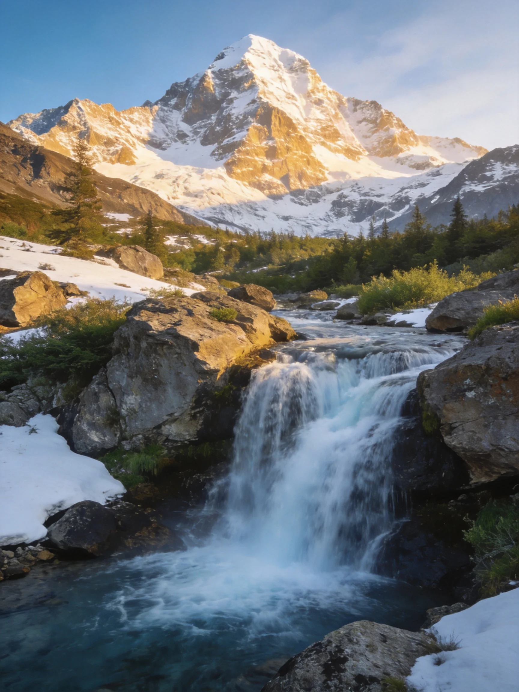 Snow-capped mountain overlooks a rushing waterfall amid rocky terrain