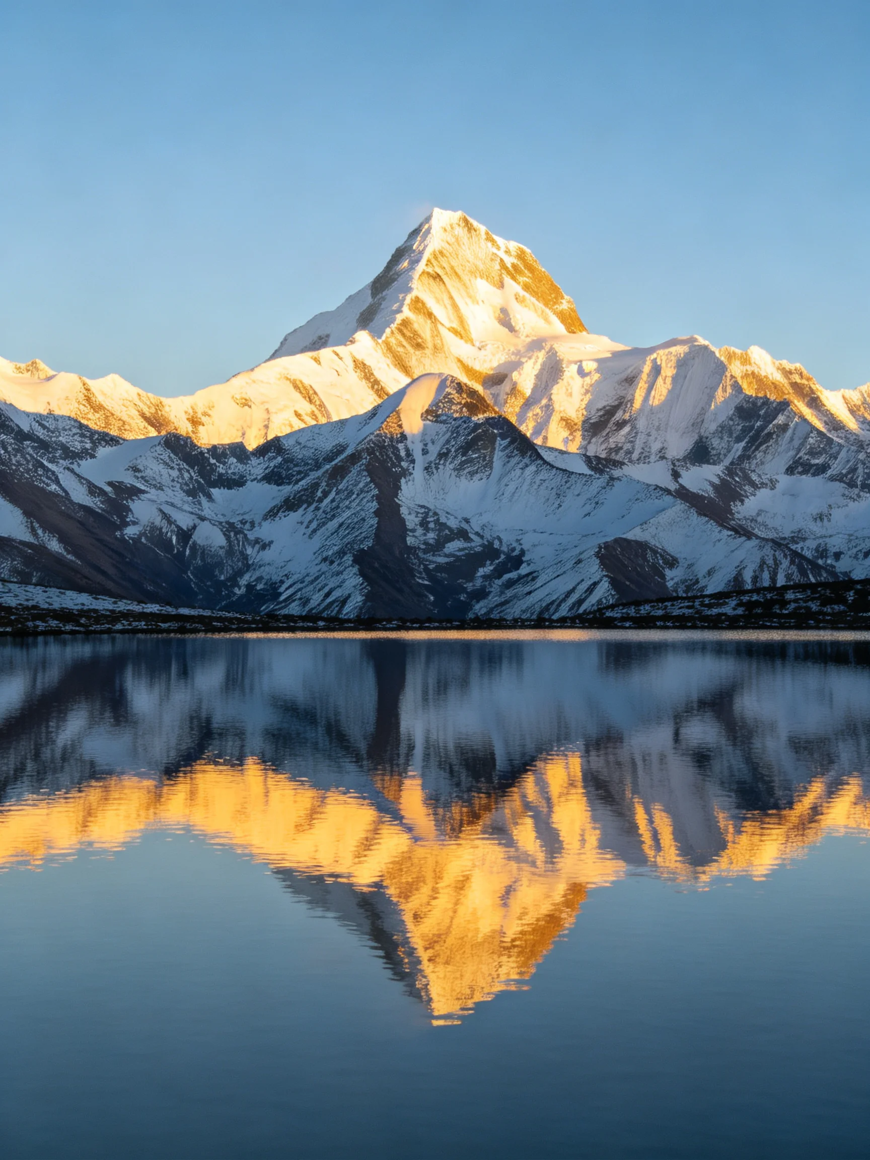 Snow-capped mountain peak reflected in calm blue lake waters