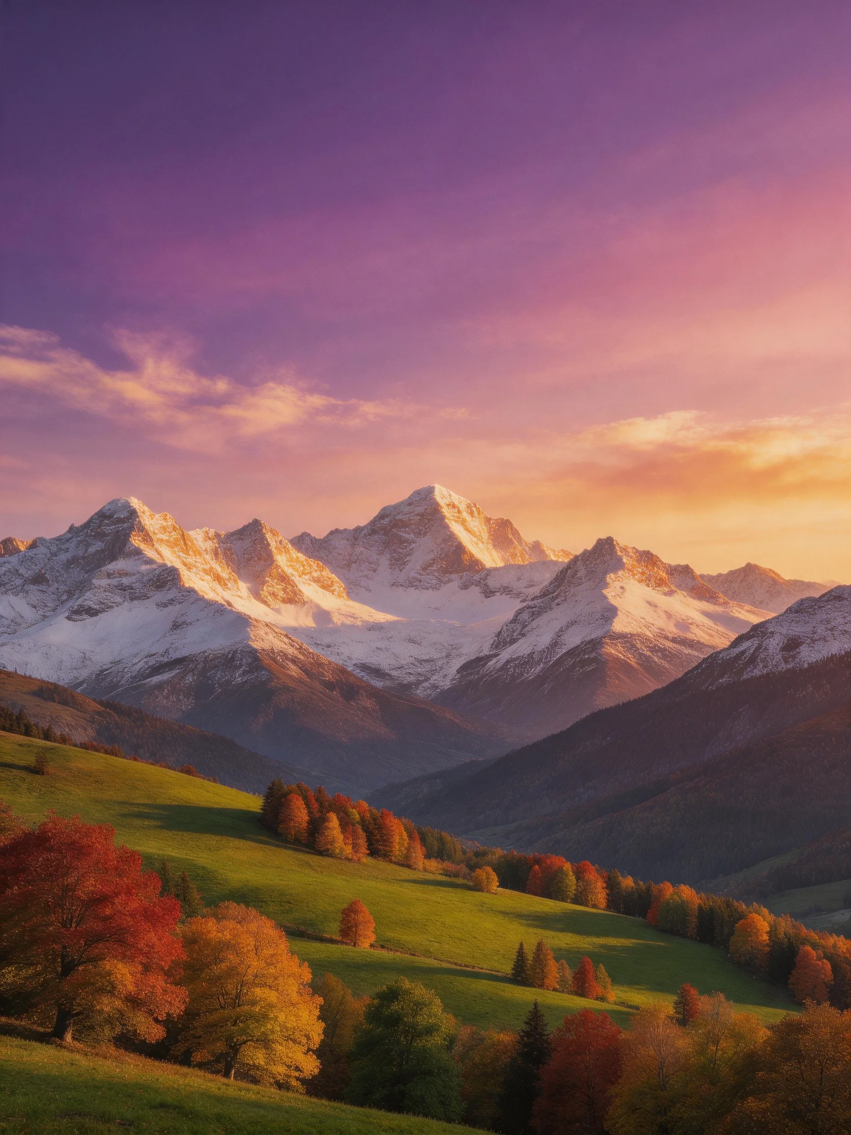 Snow-capped mountain peaks and autumn-colored landscapes beneath a vibrant sky