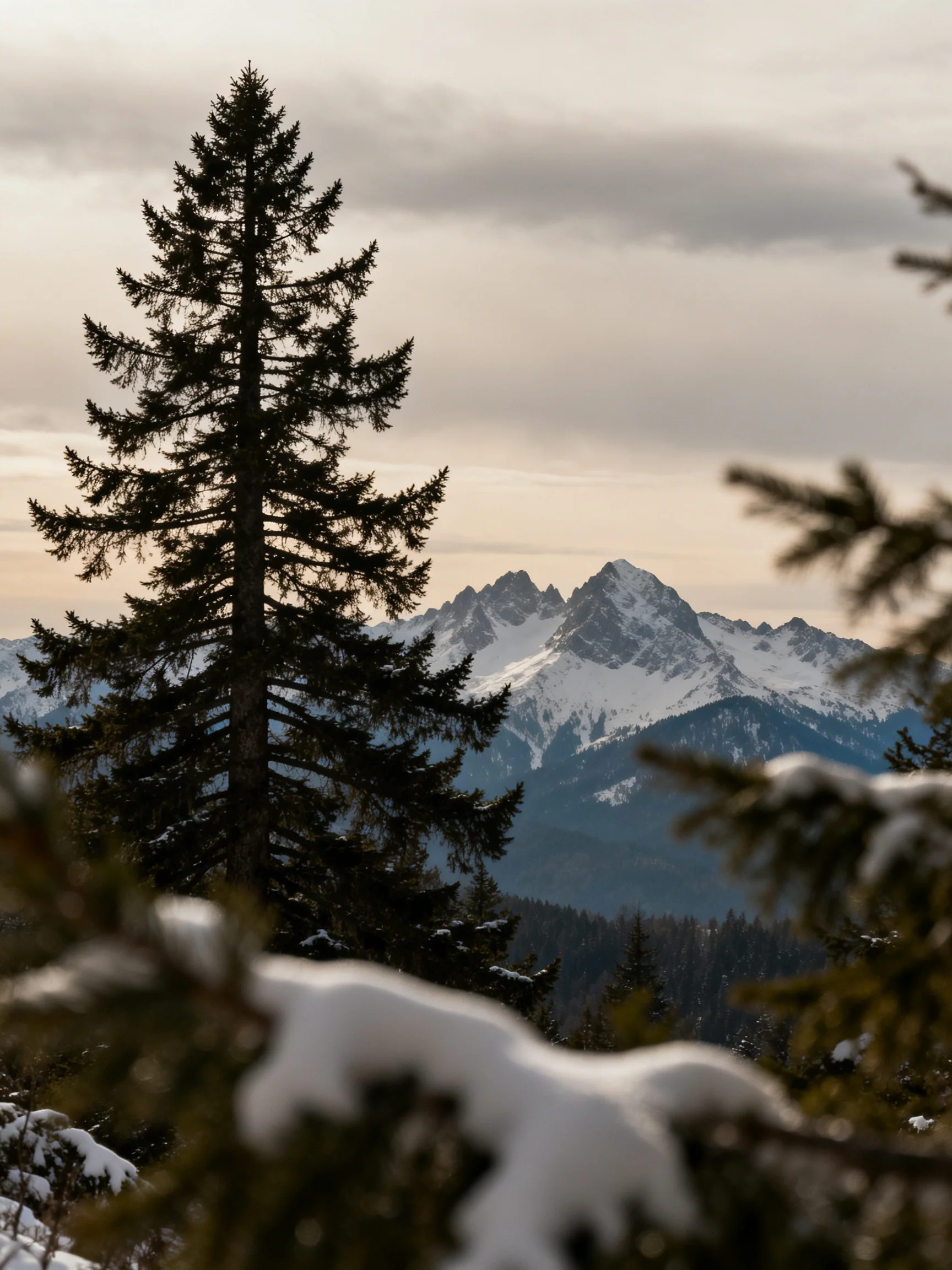 Snow-capped mountain peaks behind tall evergreen trees under an overcast sky
