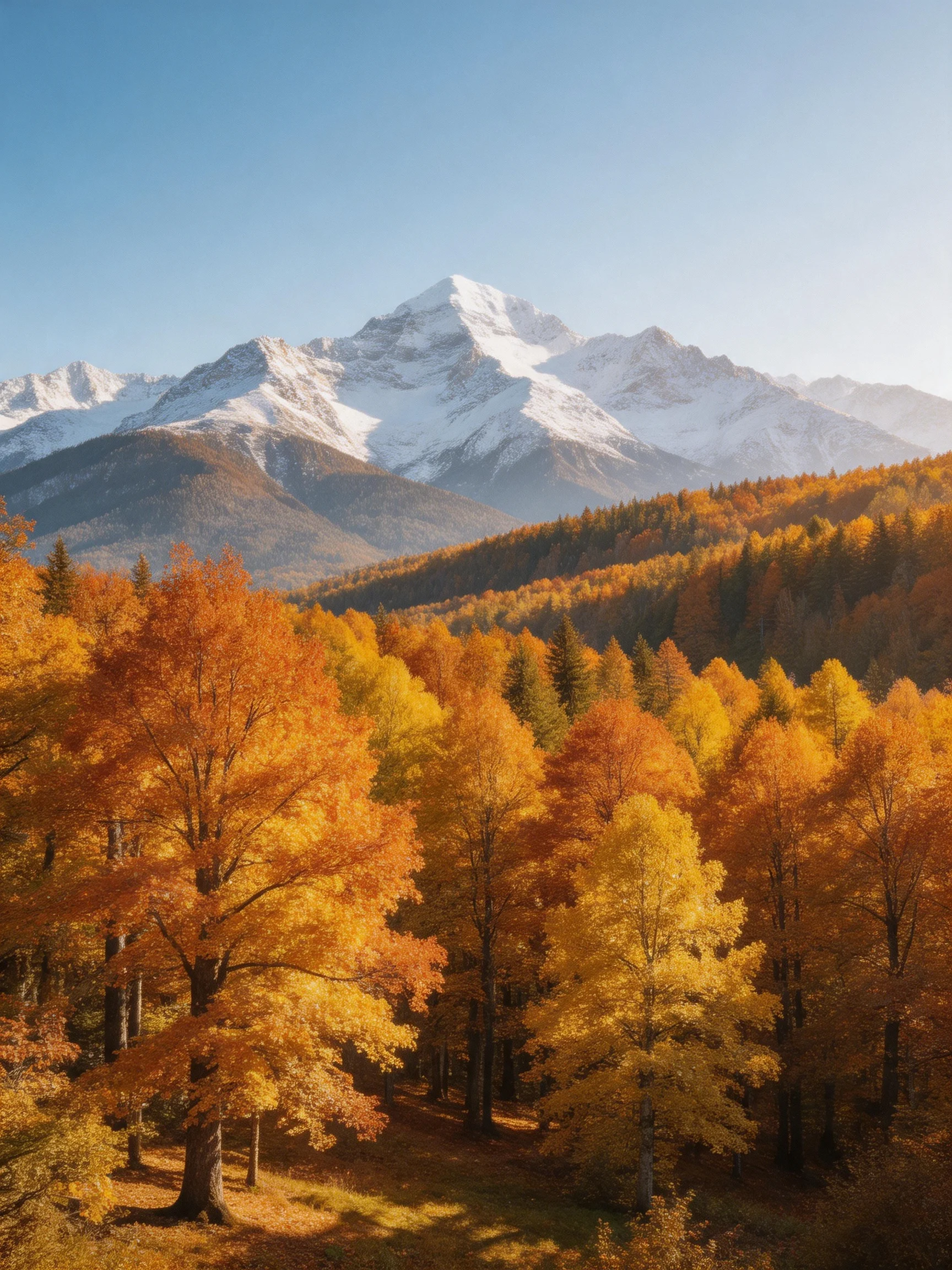 Snow-capped mountain peaks behind vibrant autumn forests