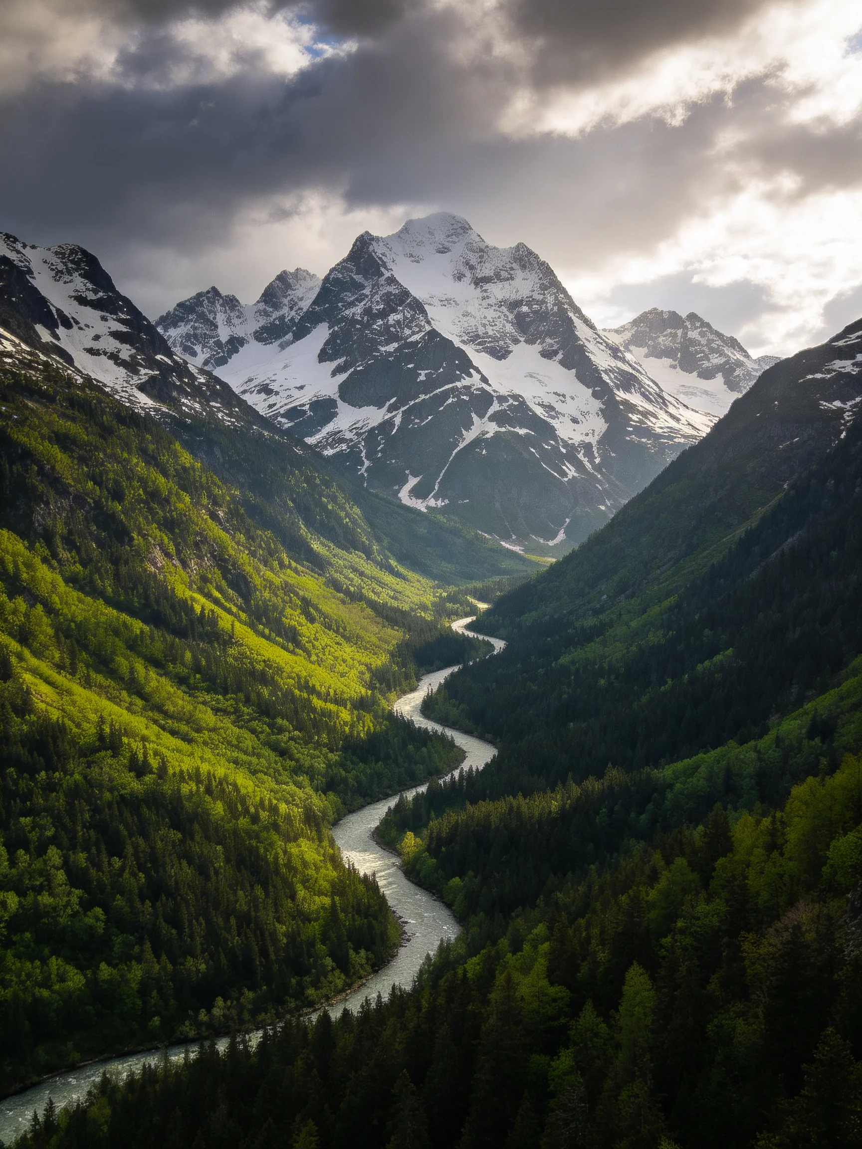 Snow-capped mountain peaks overlook a lush forest valley with a winding river