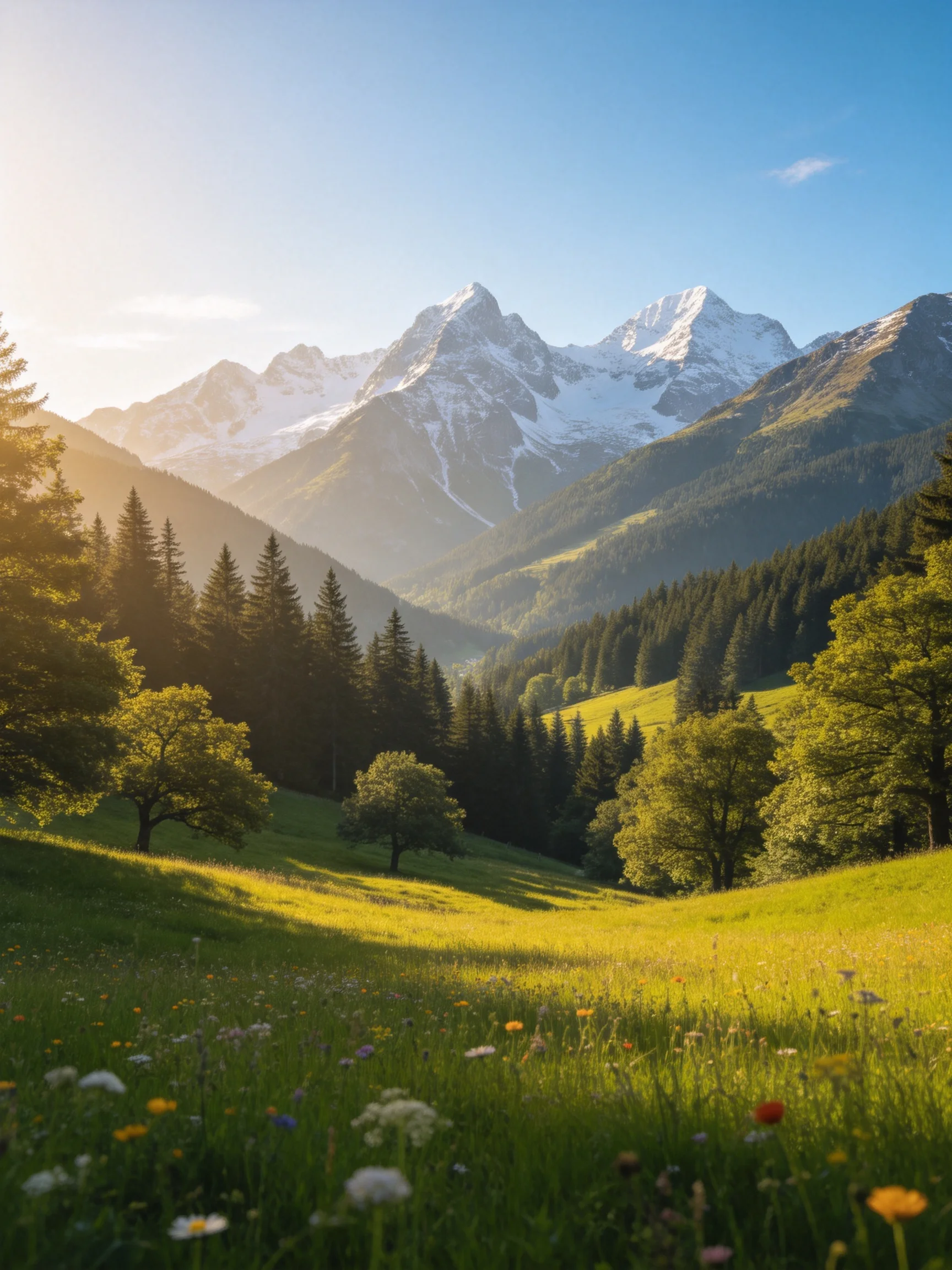 Snow-capped mountain peaks overlook a lush meadow with colorful wildflowers