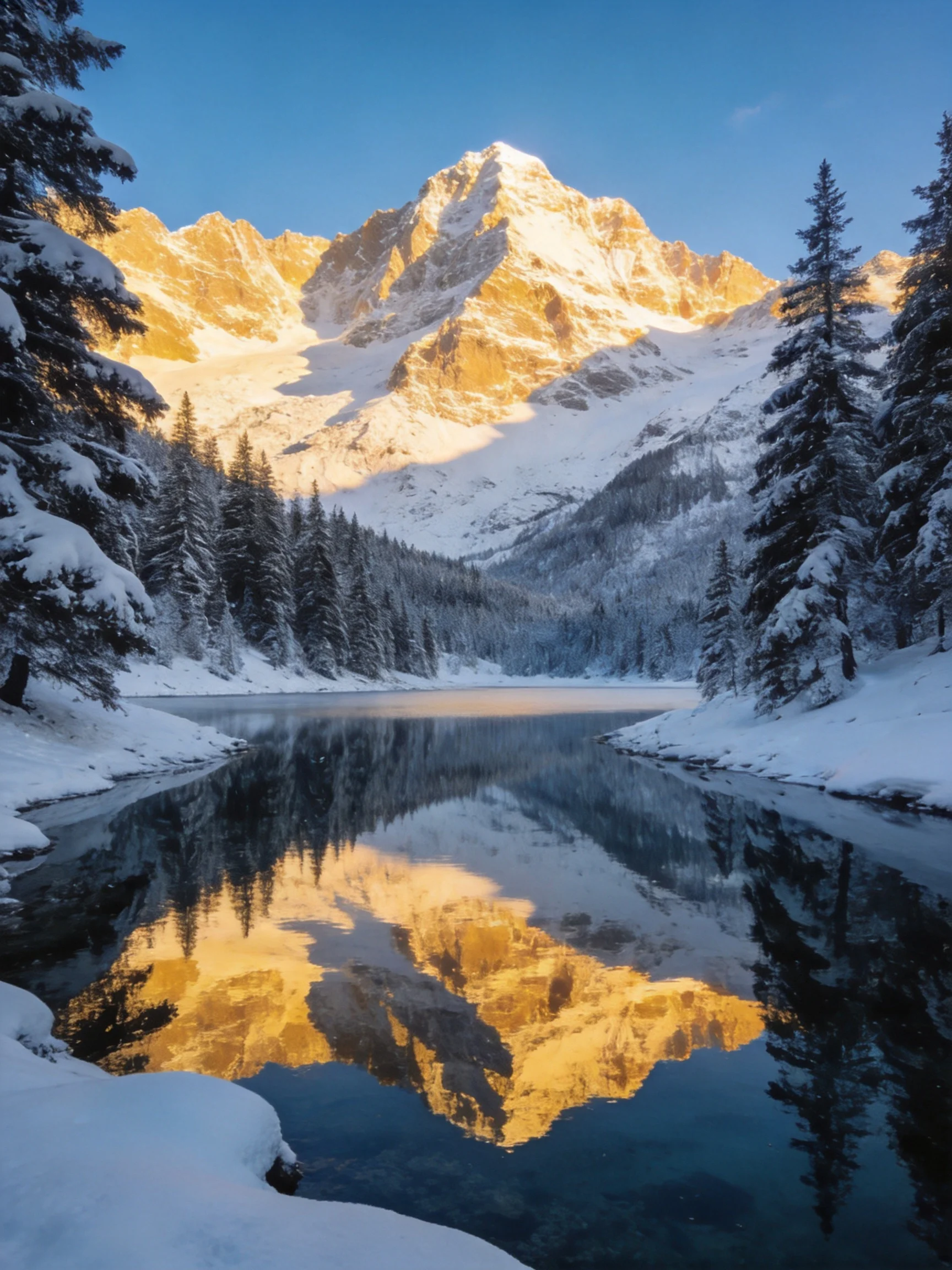 Snow-capped mountain peaks reflect in a frozen lake surrounded by snow-laden pines