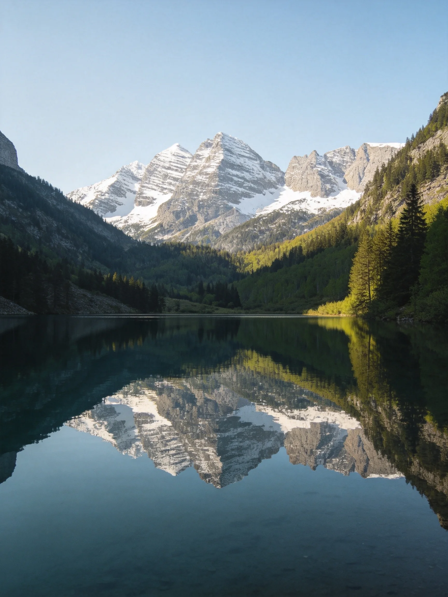Snow-capped mountain peaks reflect in a serene alpine lake bordered by dense forests.