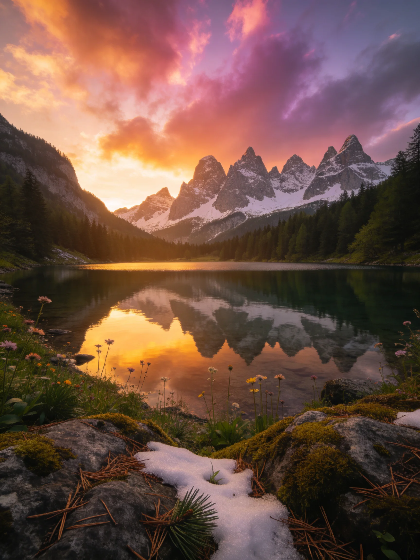 Snow-capped mountain peaks reflect in a serene lake under vibrant sunset skies.