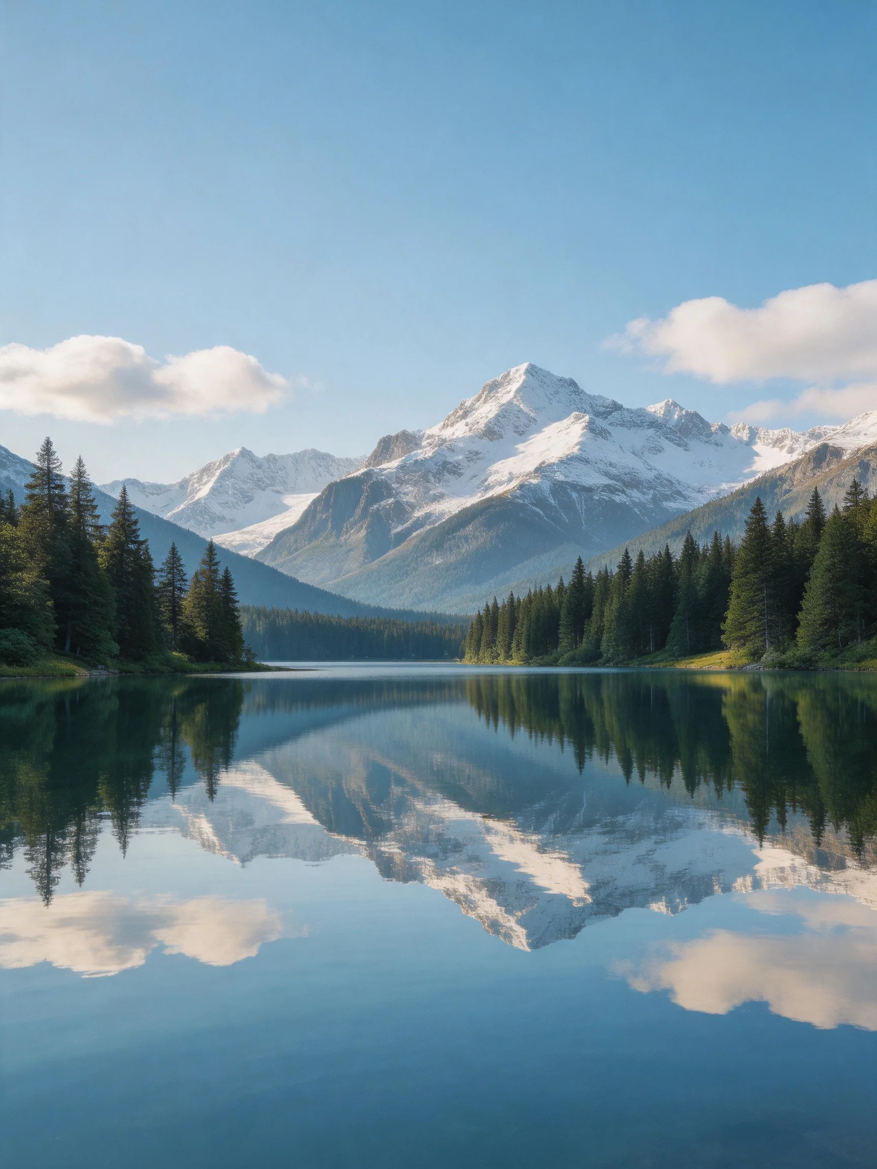 Snow-capped mountain peaks reflect in a tranquil lake with evergreen forests.