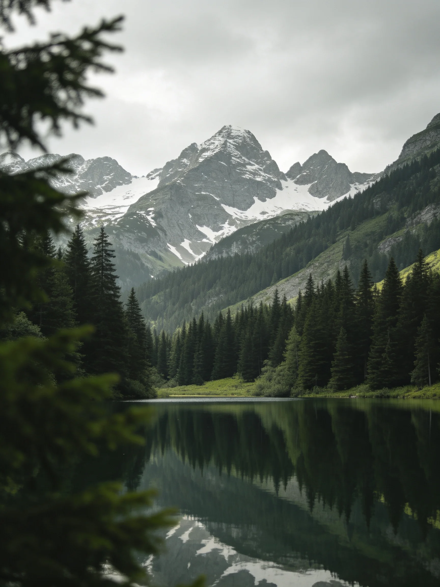 Snow-capped mountain peaks reflected in a forested alpine lake
