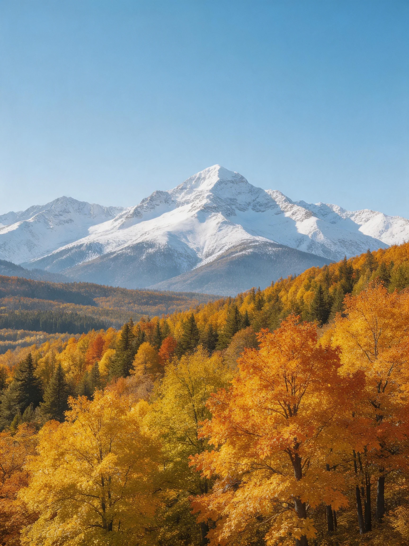 Snow-capped mountain peaks rise above a vibrant autumn forest