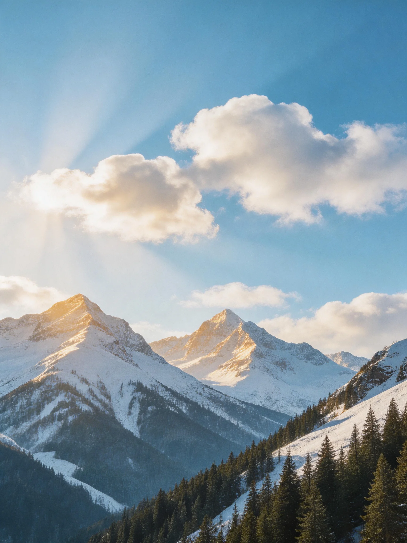 Snow-capped mountain peaks under bright blue sky with fluffy white clouds
