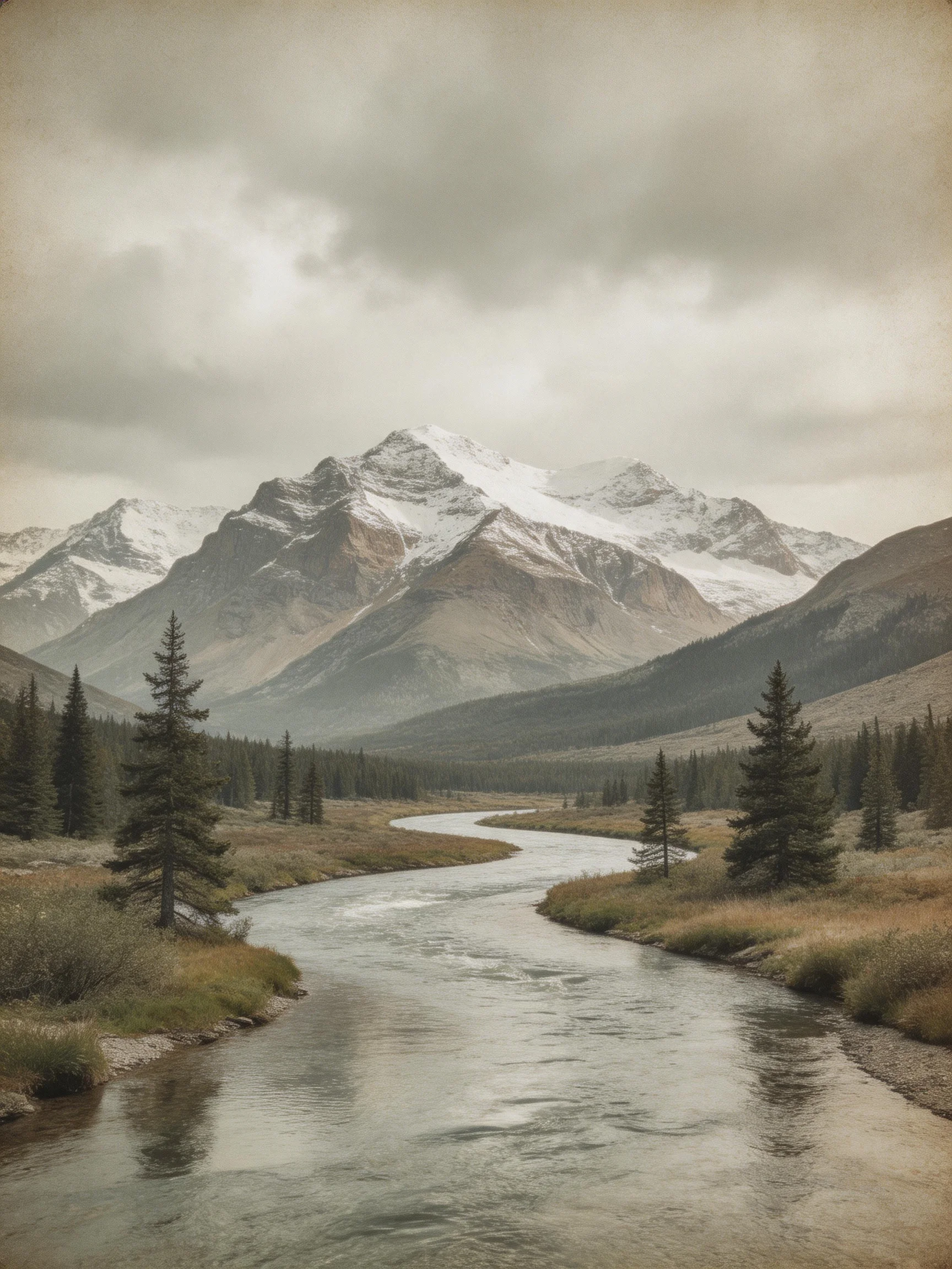 Snow-capped mountain range overlooks winding river with evergreen forest