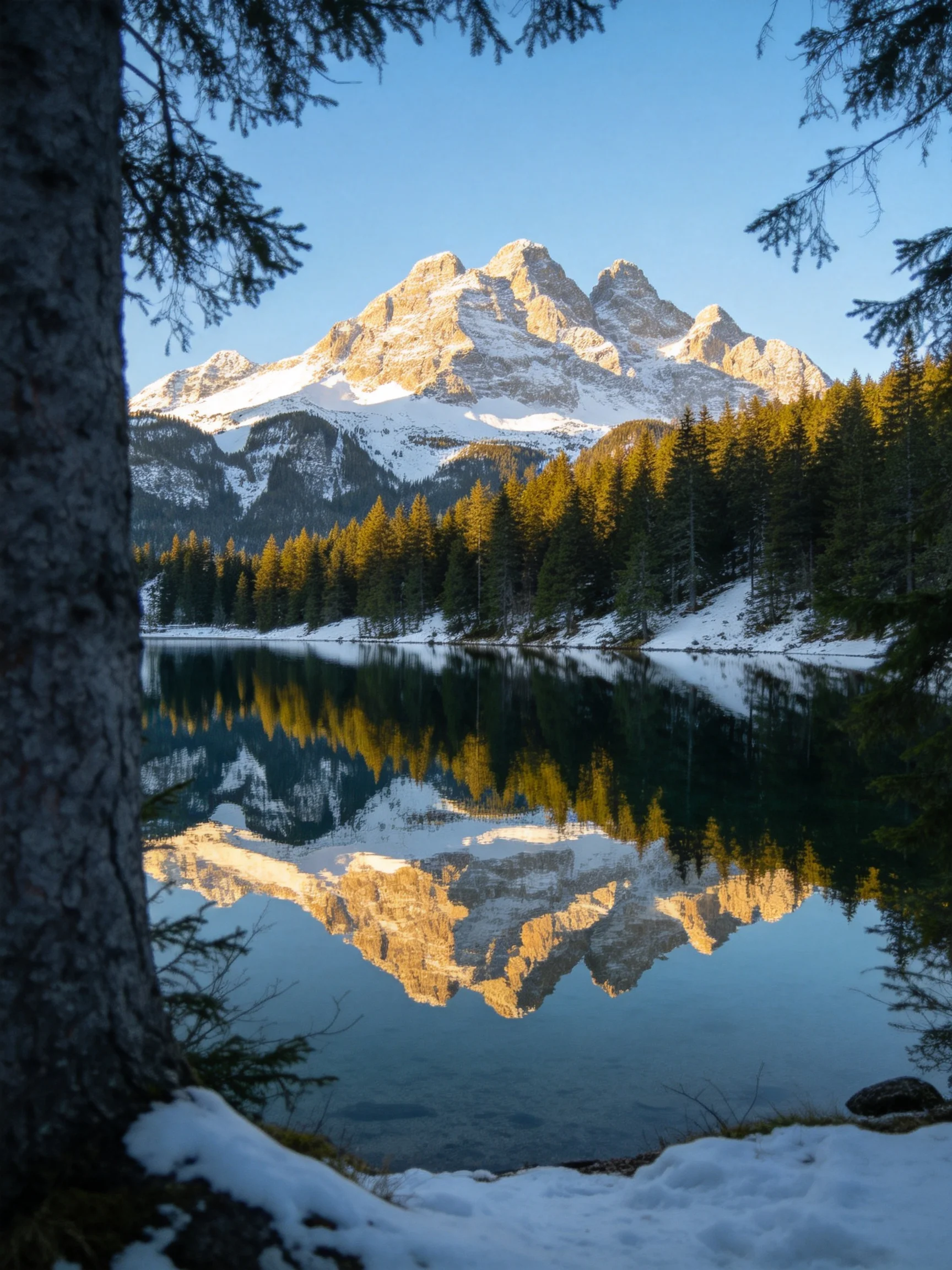 Snow-capped mountain reflected in a clear alpine lake with pine forest